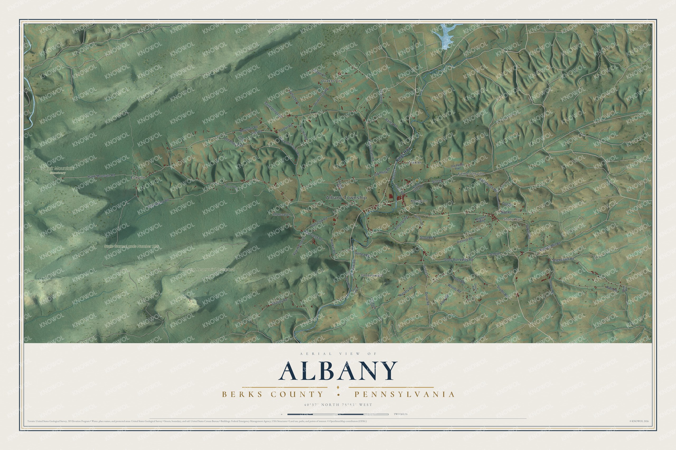 Full map of Albany, Berks County, Pennsylvania, with red buildings, printed street names and the land around them