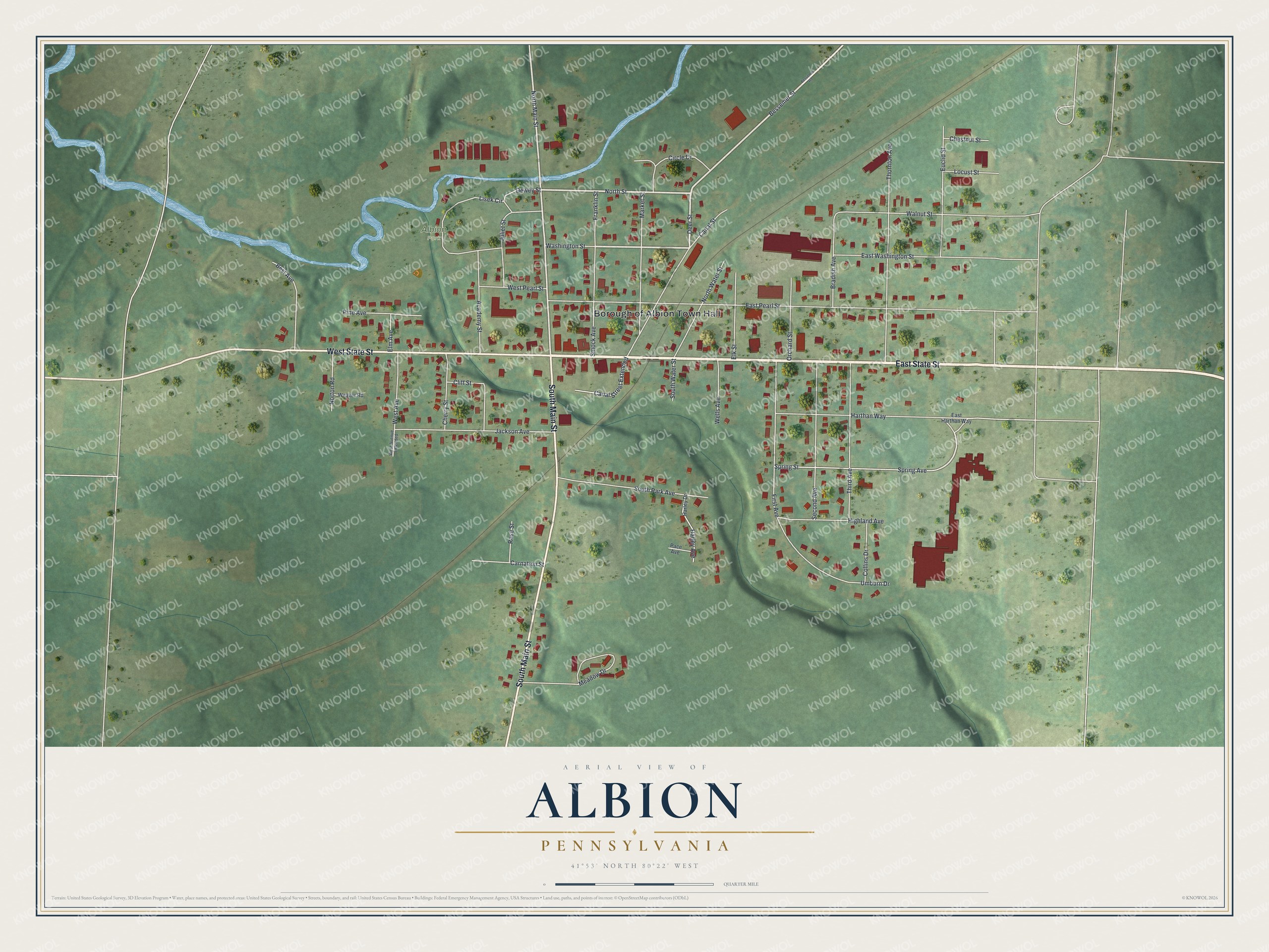 Full map of Albion, Pennsylvania, with red buildings, printed street names and the land around them