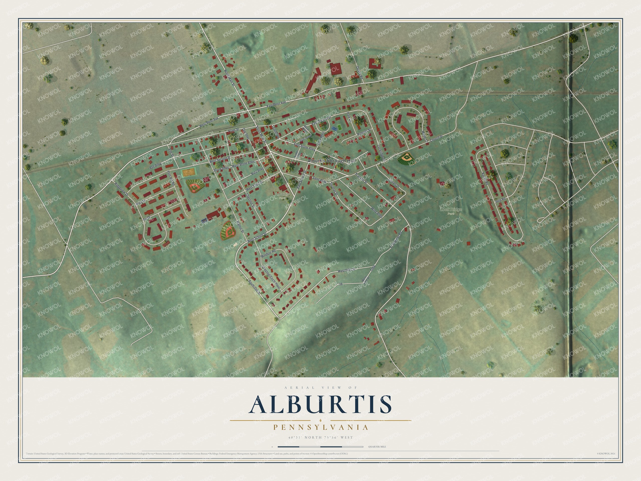 Full map of Alburtis, Pennsylvania, with red buildings, printed street names and the land around them
