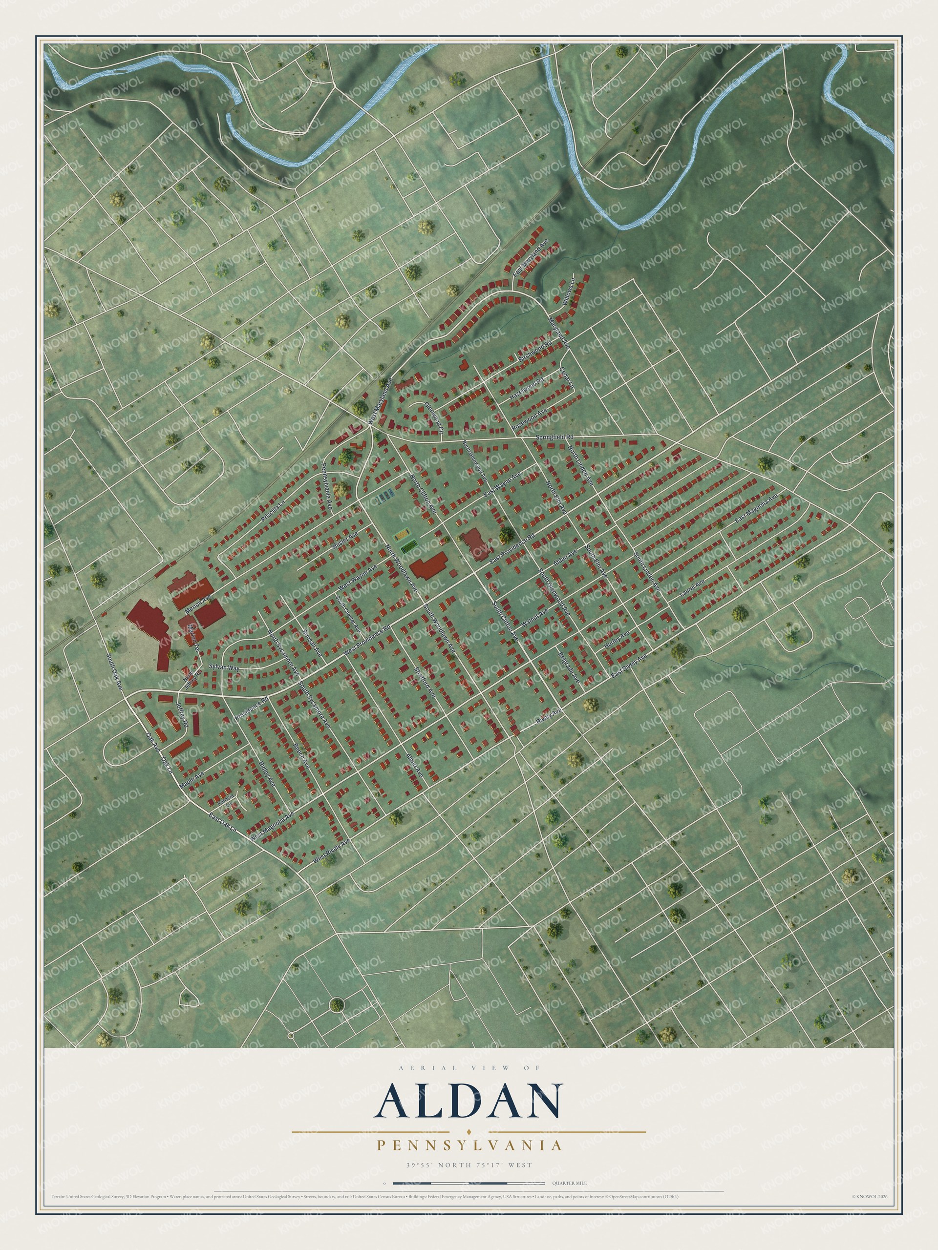 Aerial-style map of Aldan, Pennsylvania with red buildings on green hills, a diagonal rail line and a creek along the top