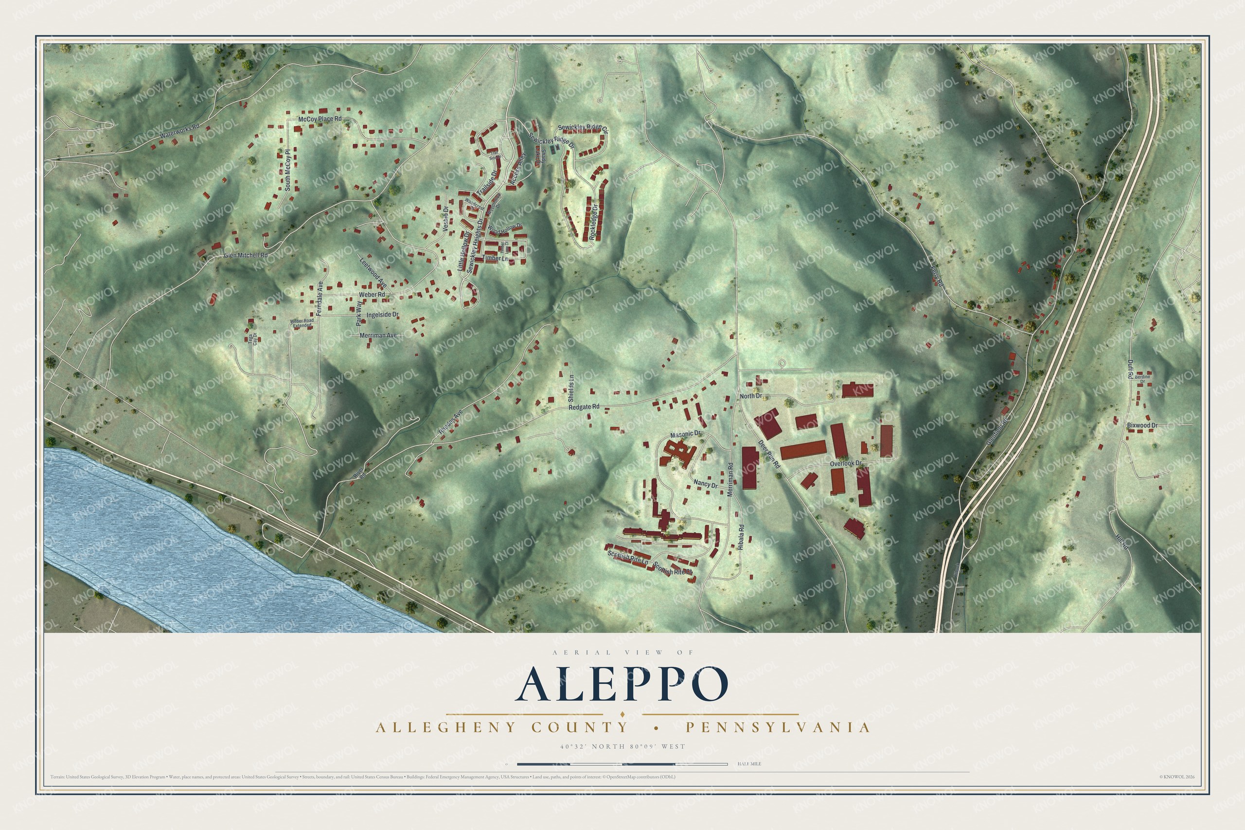 Full map of Aleppo, Allegheny County, Pennsylvania, with red buildings, printed street names and the land around them