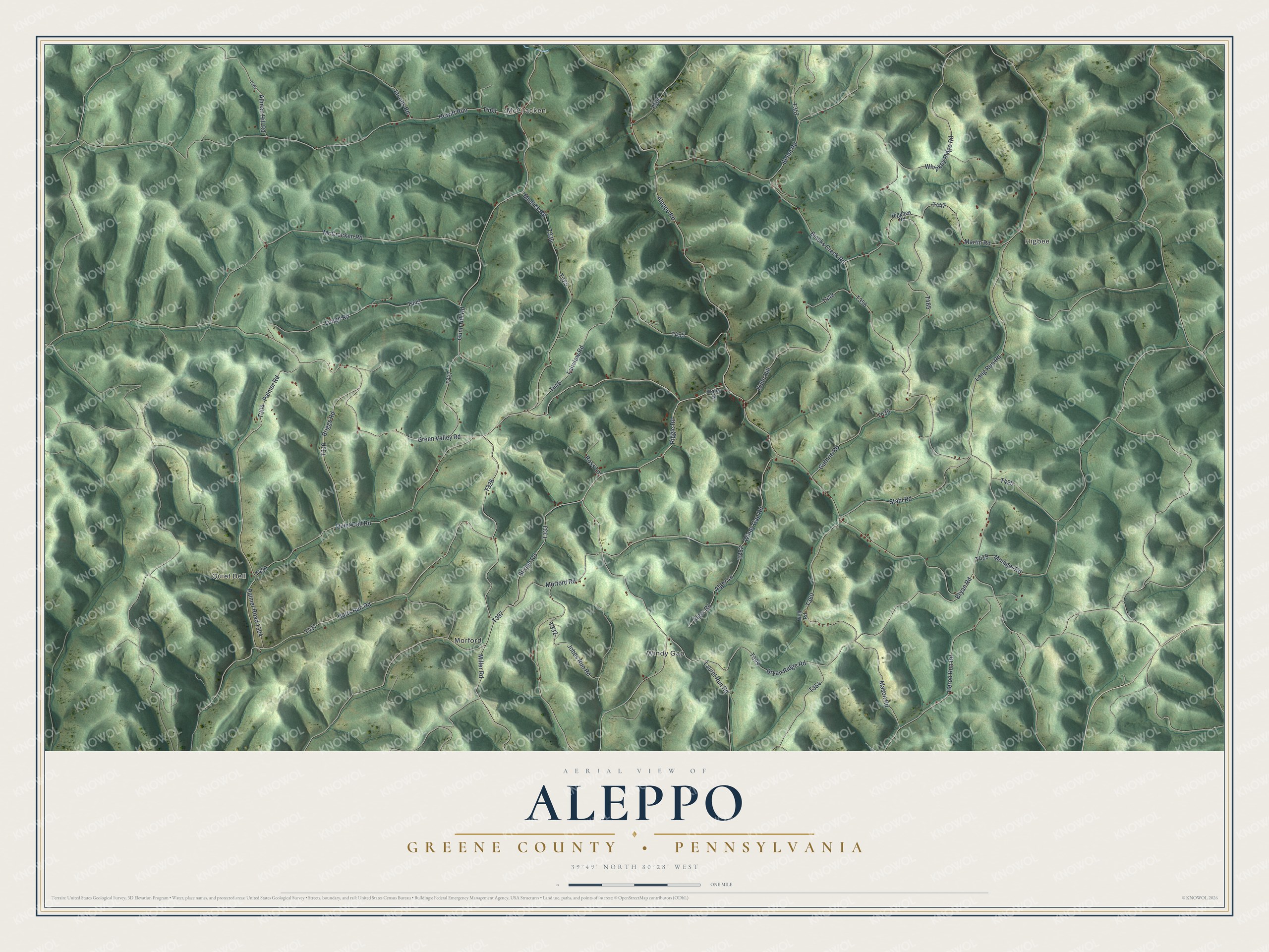 Full map of Aleppo, Greene County, Pennsylvania, with red buildings, printed street names and the land around them