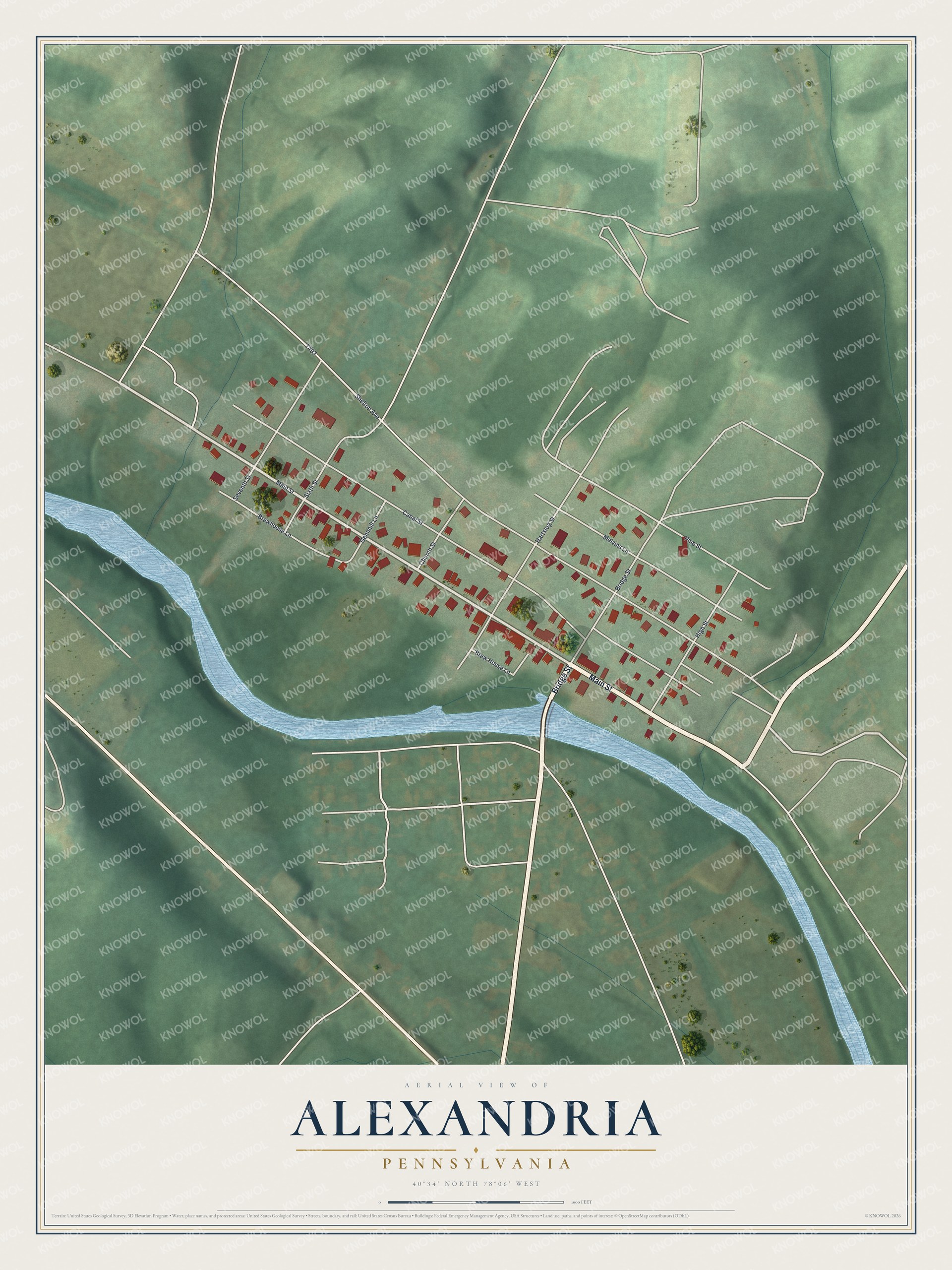 Full map of Alexandria, Pennsylvania, with red buildings, printed street names and the land around them