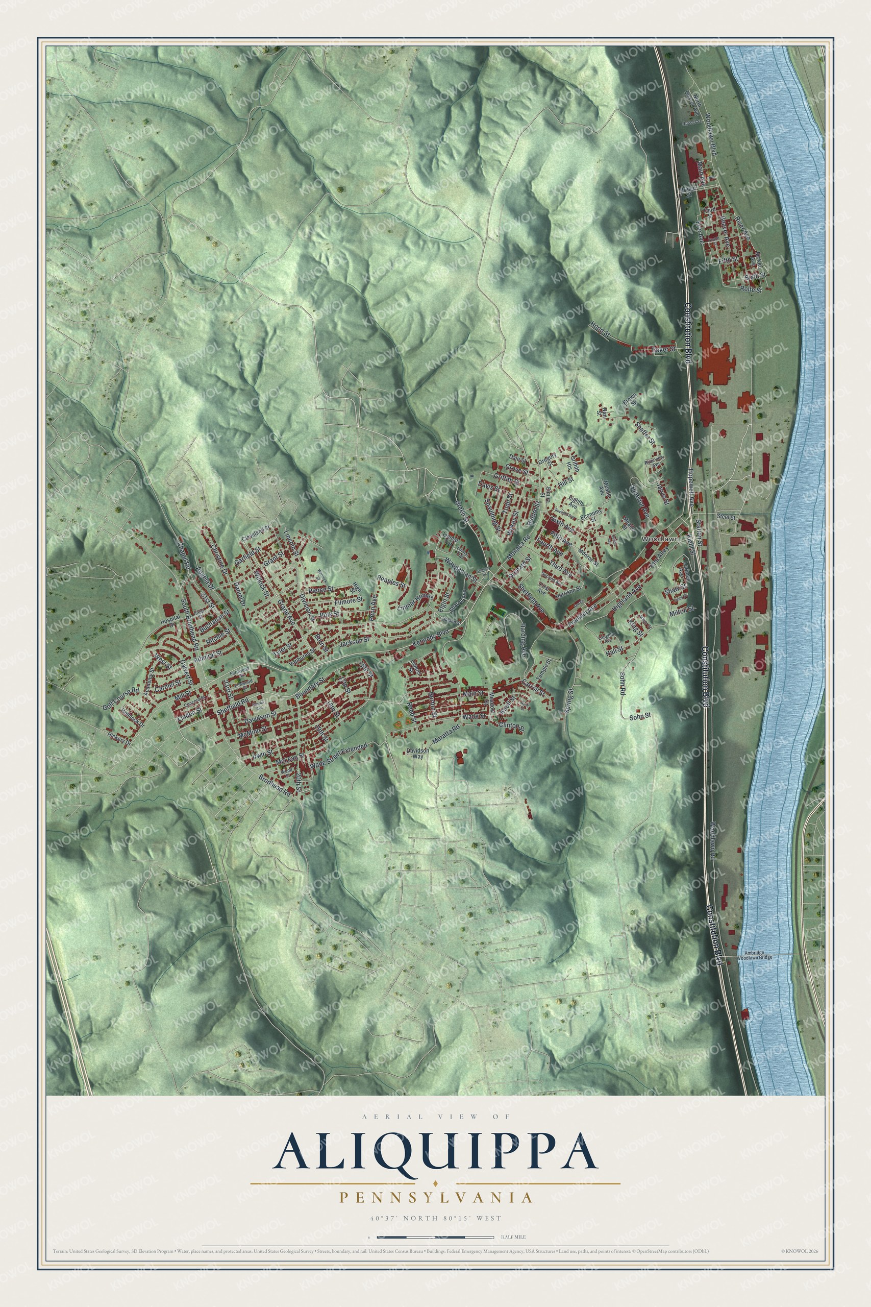 Full map of Aliquippa, Pennsylvania, with red buildings, printed street names and the land around them