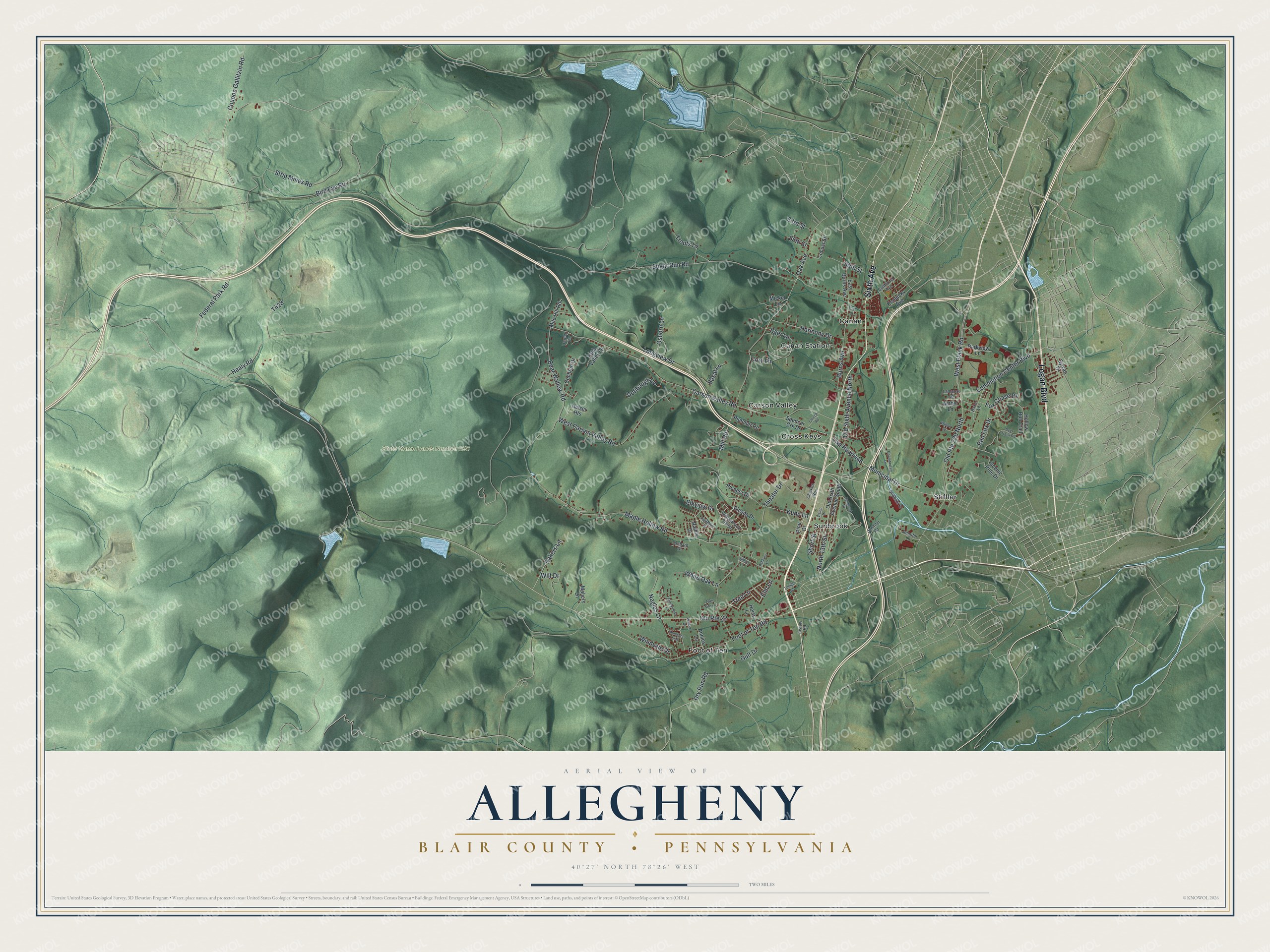 Full map of Allegheny, Blair County, Pennsylvania, with red buildings, printed street names and the land around them
