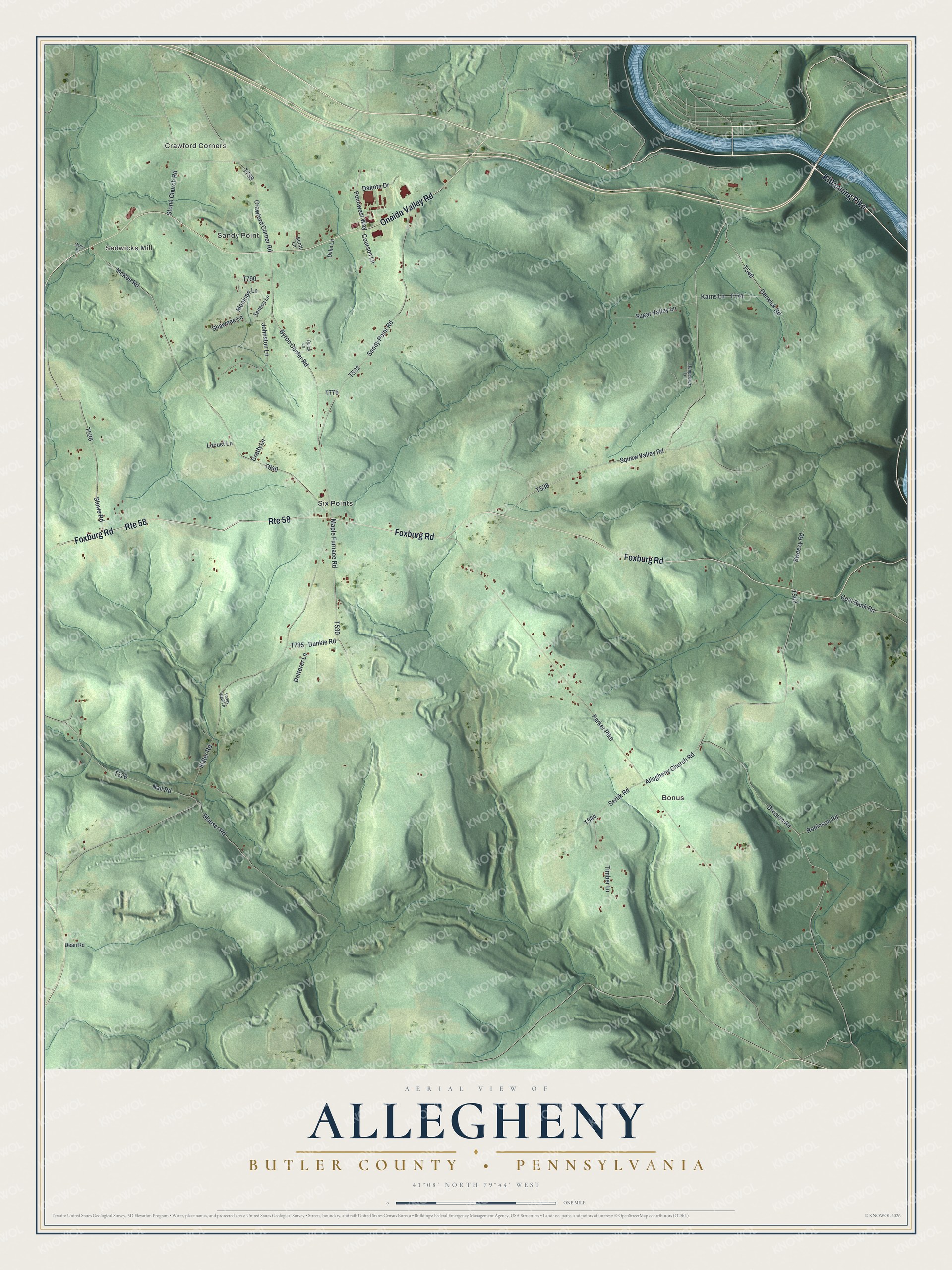 Full map of Allegheny, Butler County, Pennsylvania, with red buildings, printed street names and the land around them