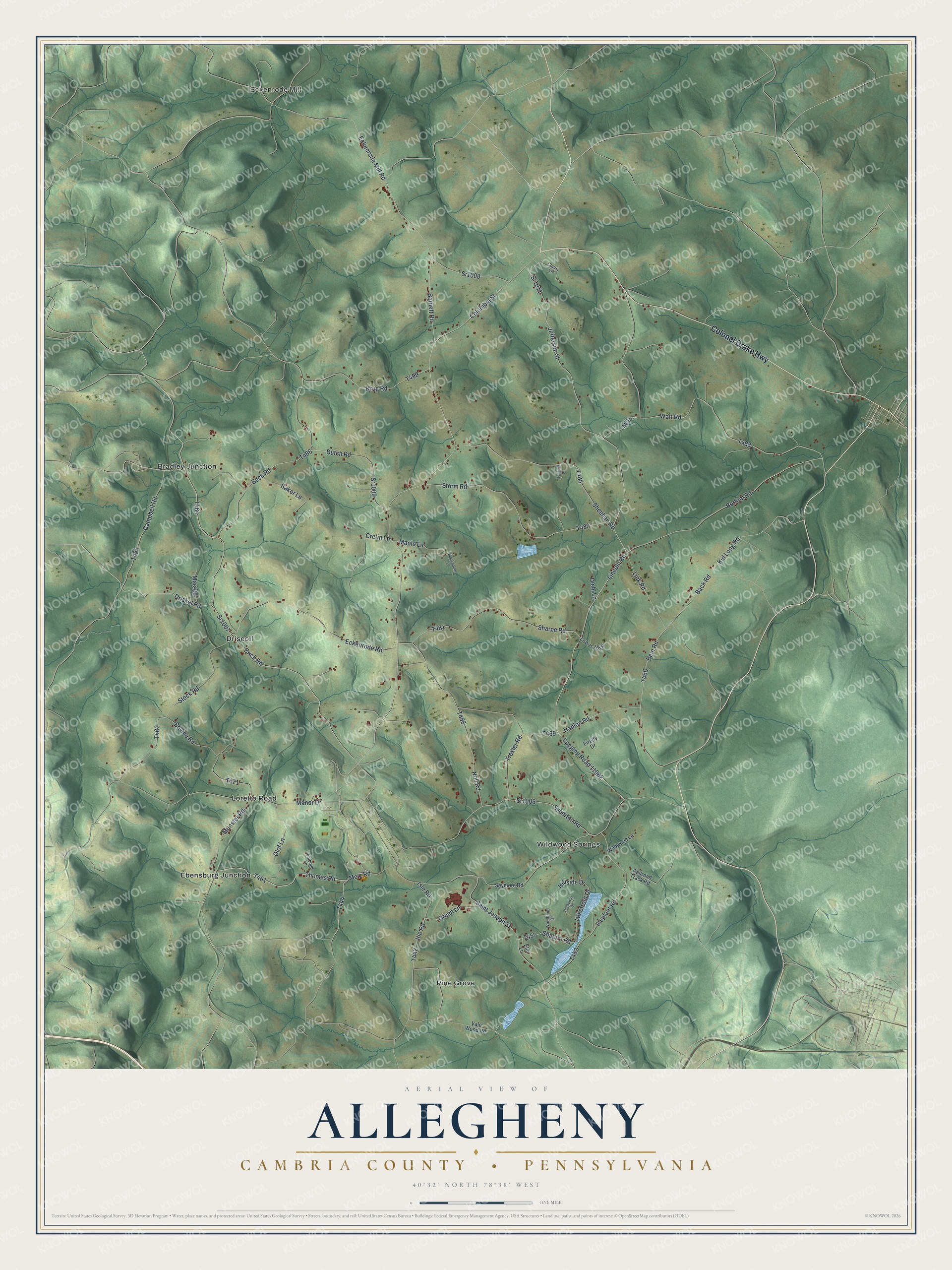 Full map of Allegheny, Cambria County, Pennsylvania, with red buildings, printed street names and the land around them