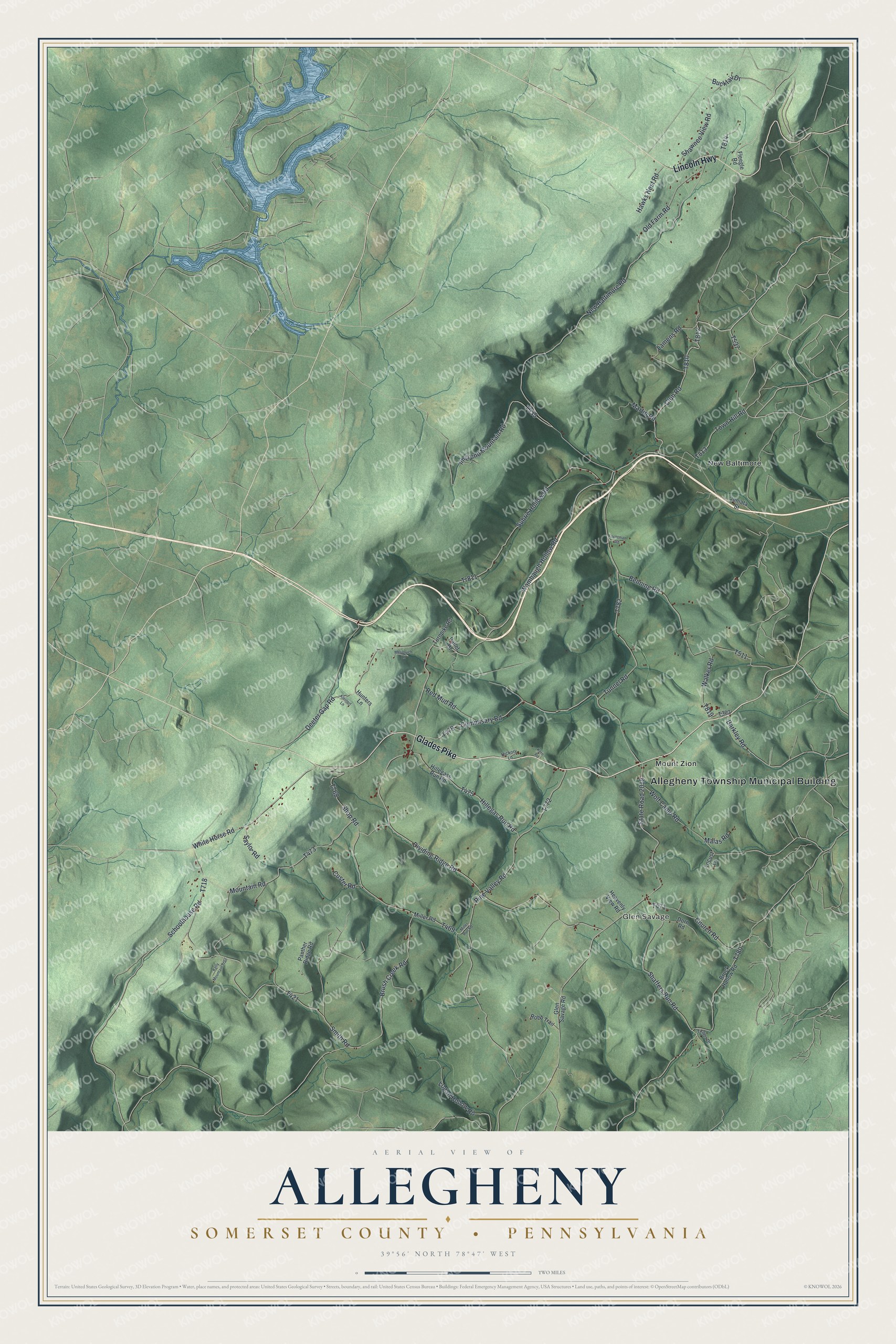 Full map of Allegheny, Somerset County, Pennsylvania, with red buildings, printed street names and the land around them