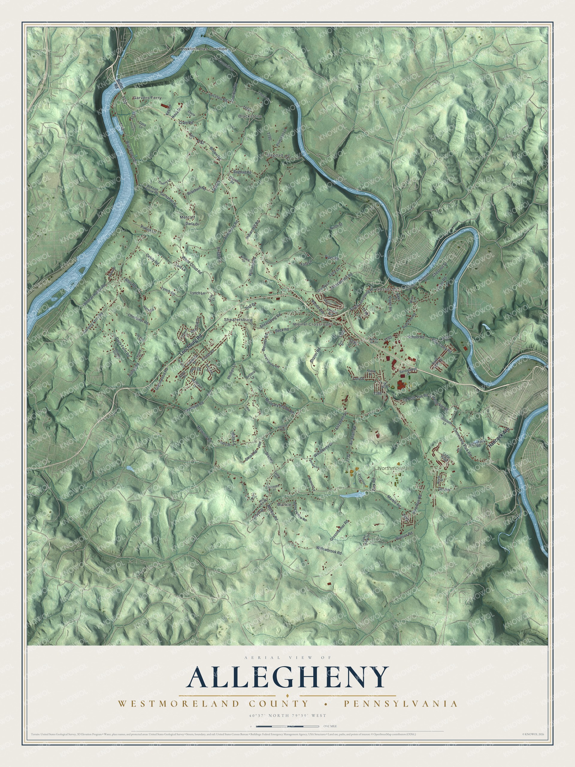 Full aerial map of Allegheny in Westmoreland County with green hills, blue river bends, red buildings and a cream title panel