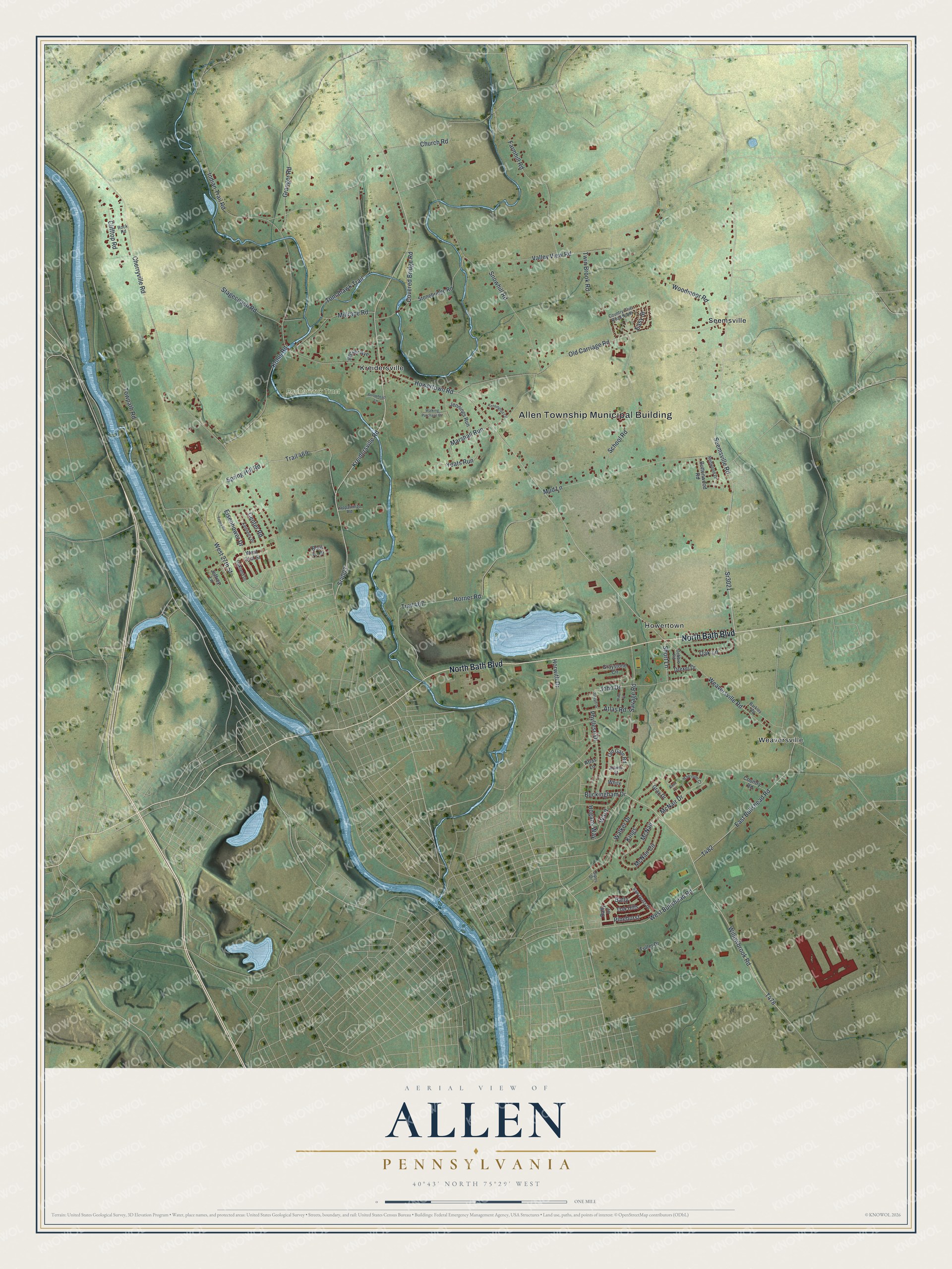 Full map of Allen, Pennsylvania, with red buildings, printed street names and the land around them
