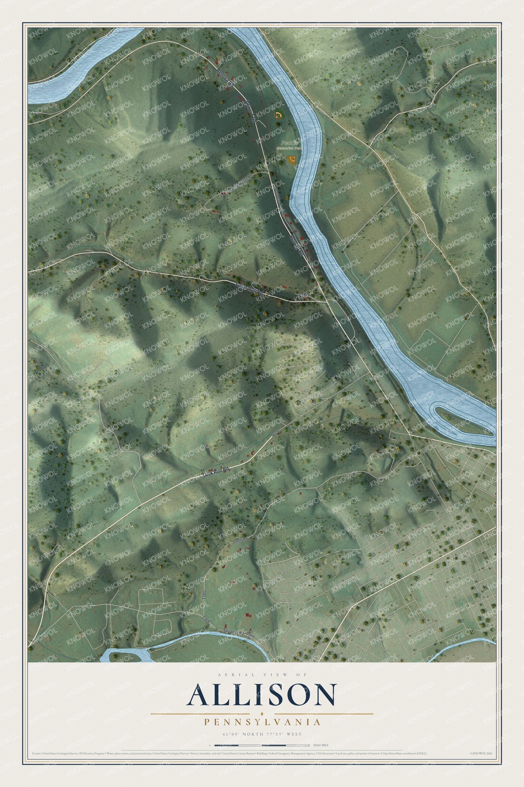 Full map of Allison, Pennsylvania, with red buildings, printed street names and the land around them