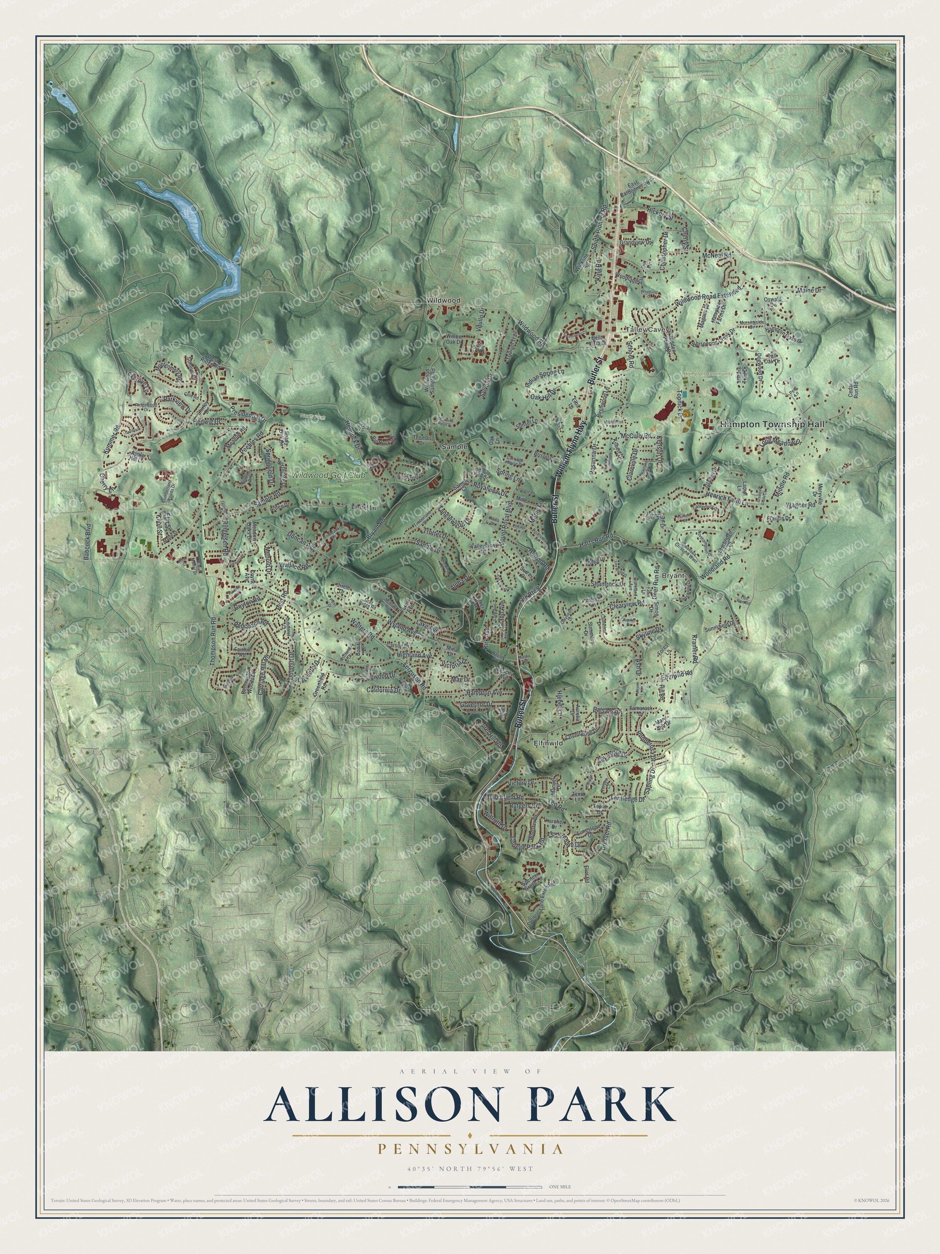 Full map of Allison Park, Pennsylvania, with red buildings, printed street names and the land around them