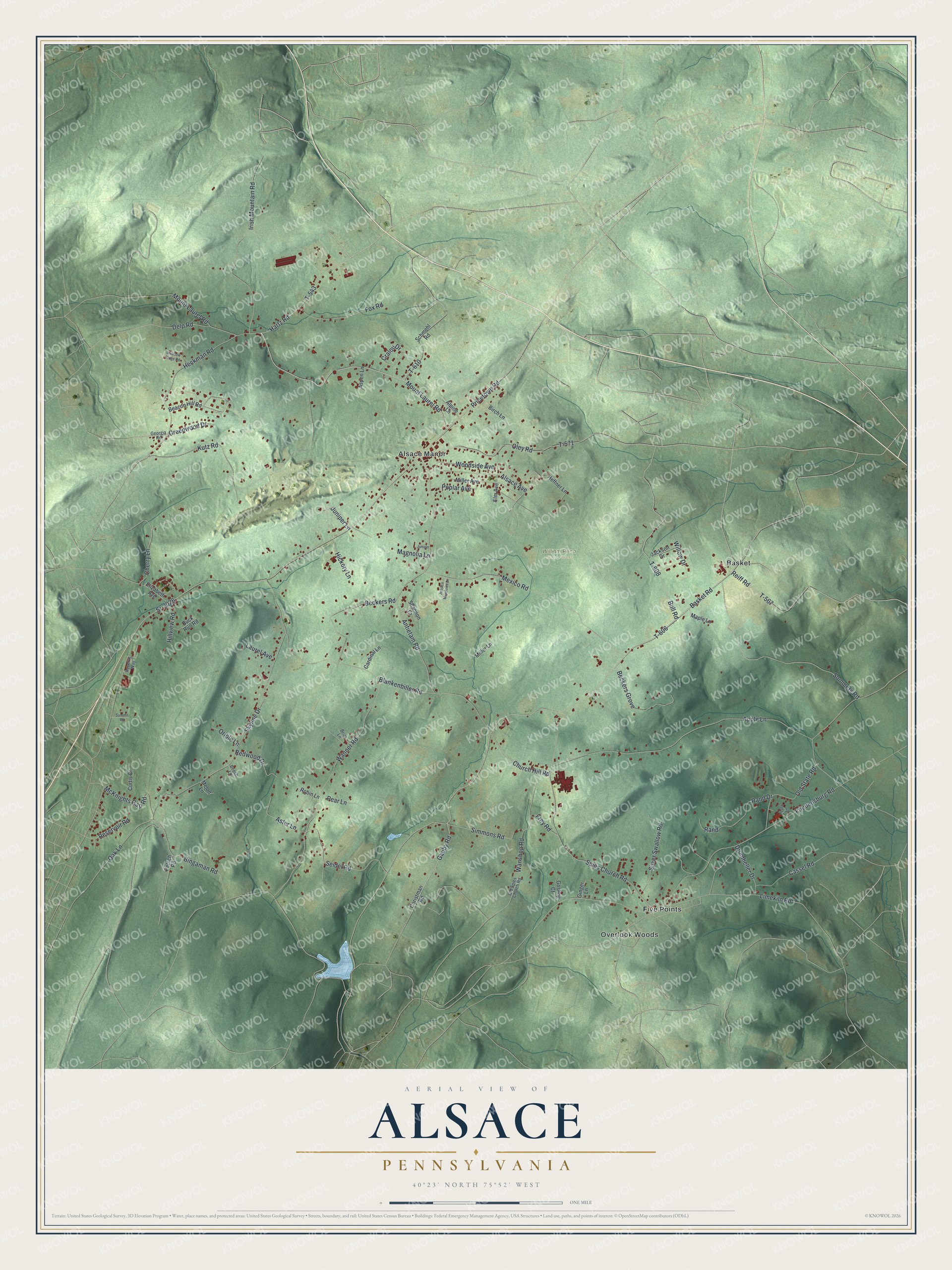 Full Alsace, Pennsylvania map with green ridges, red buildings, labeled roads around Alsace Manor and Basket, and a cream title panel