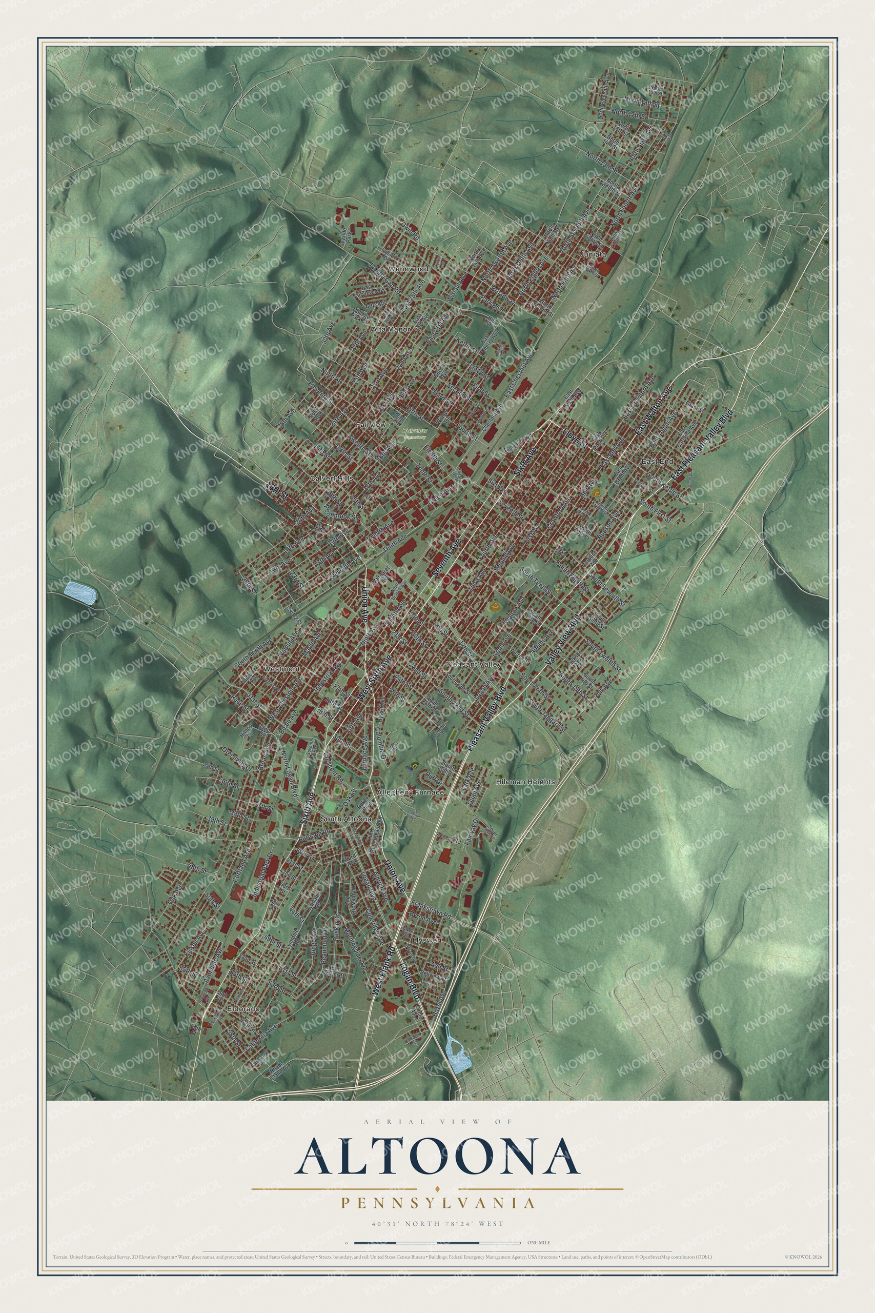 Full map of Altoona, Pennsylvania, with red buildings, printed street names and the land around them