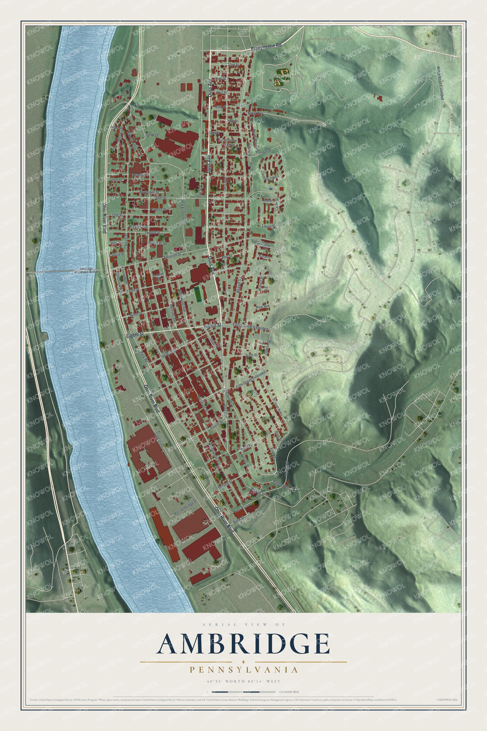 Full map of Ambridge, Pennsylvania, with red buildings, printed street names and the land around them