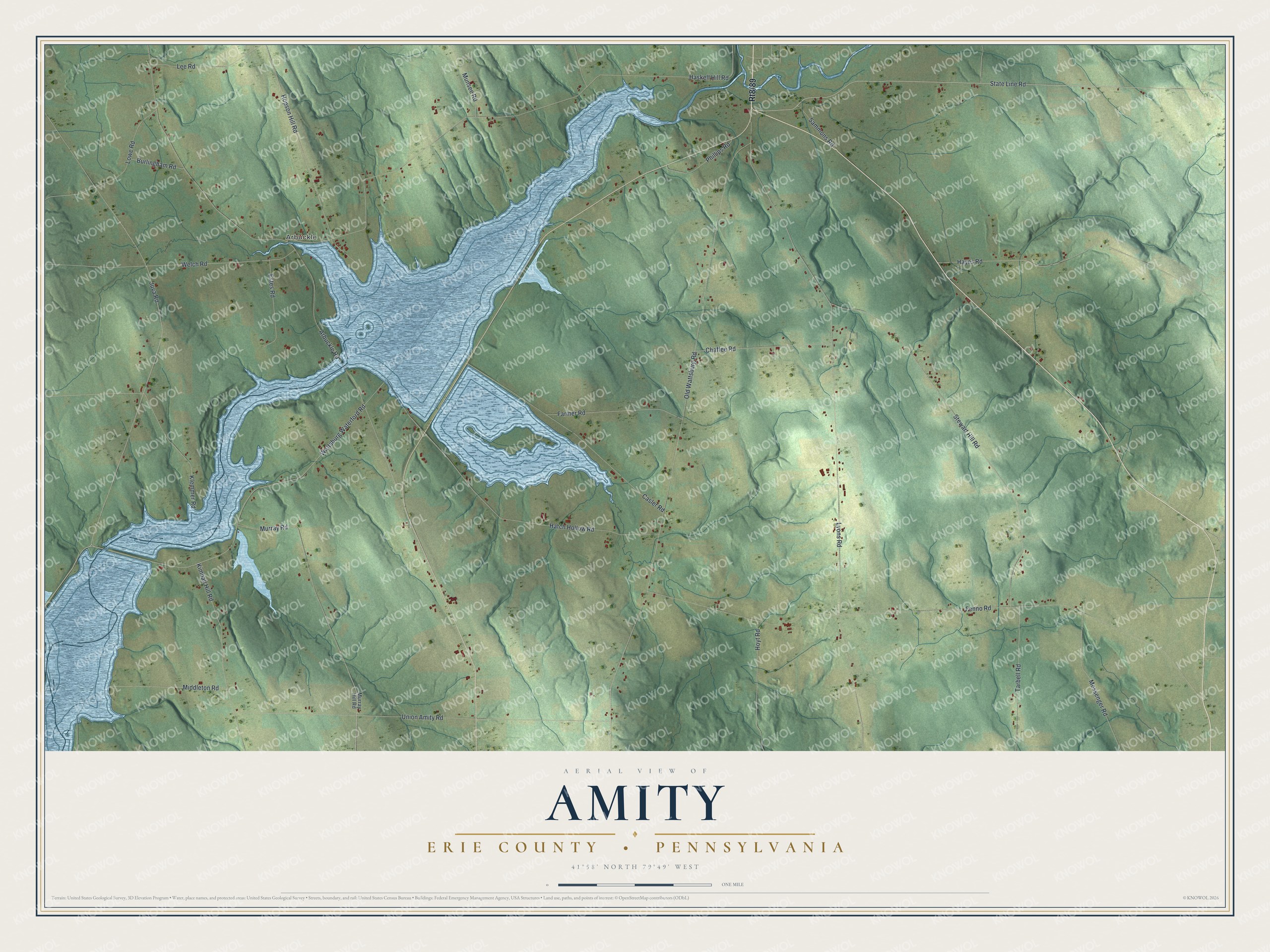 Full map of Amity, Erie County, Pennsylvania, with red buildings, printed street names and the land around them