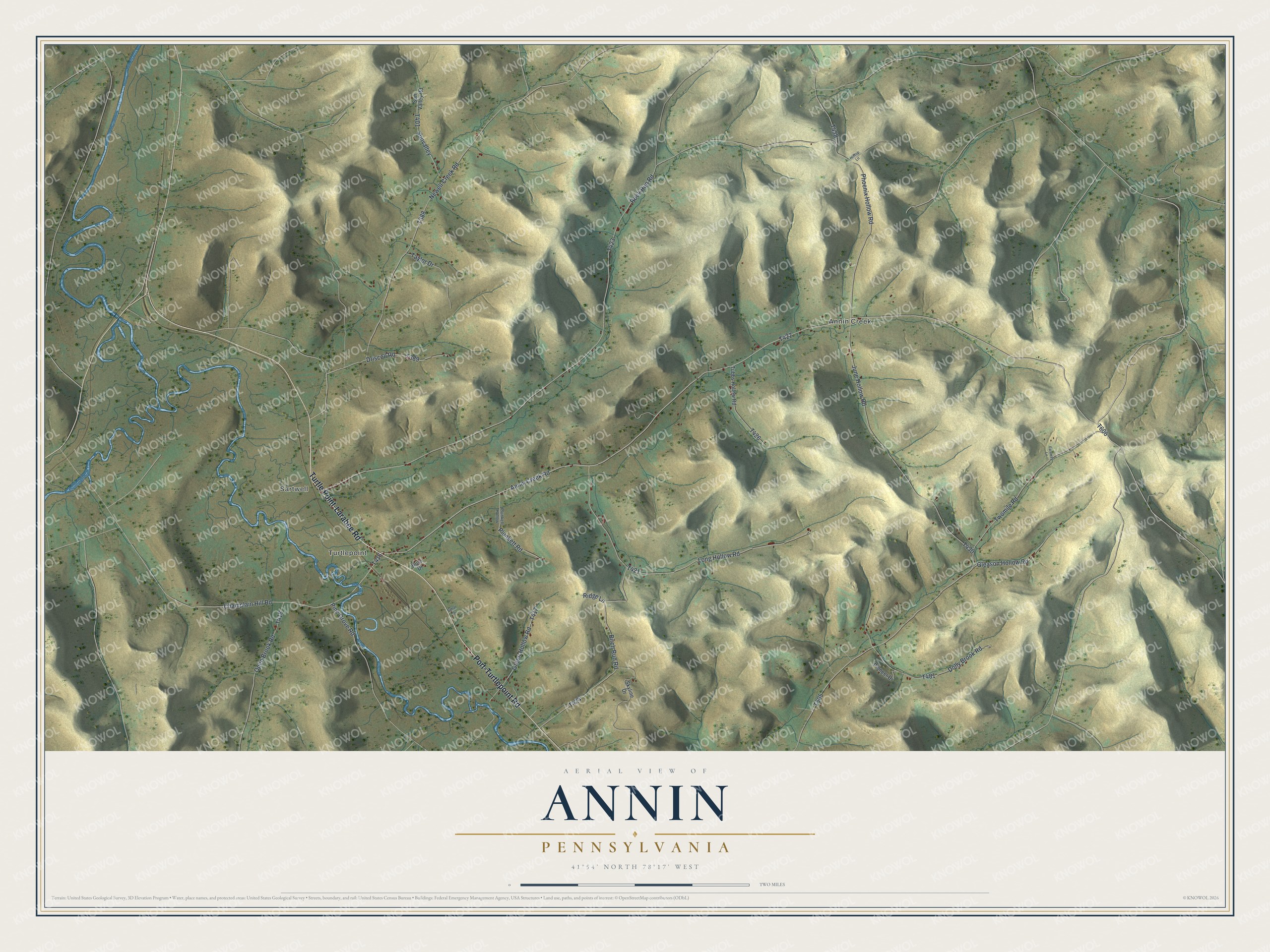 Full map of Annin, Pennsylvania, with red buildings, printed street names and the land around them