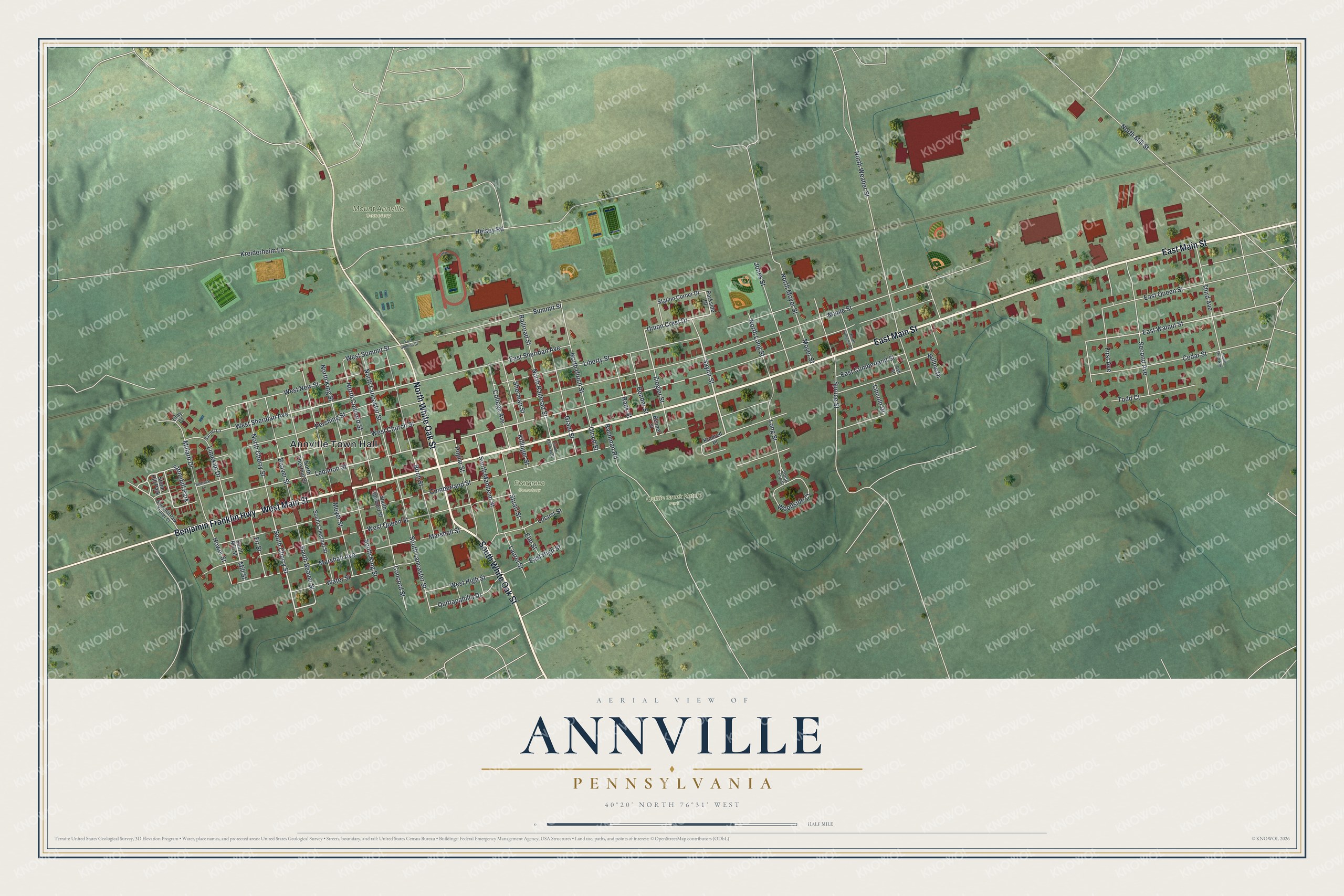 Full map of Annville, Pennsylvania, with red buildings, printed street names and the land around them