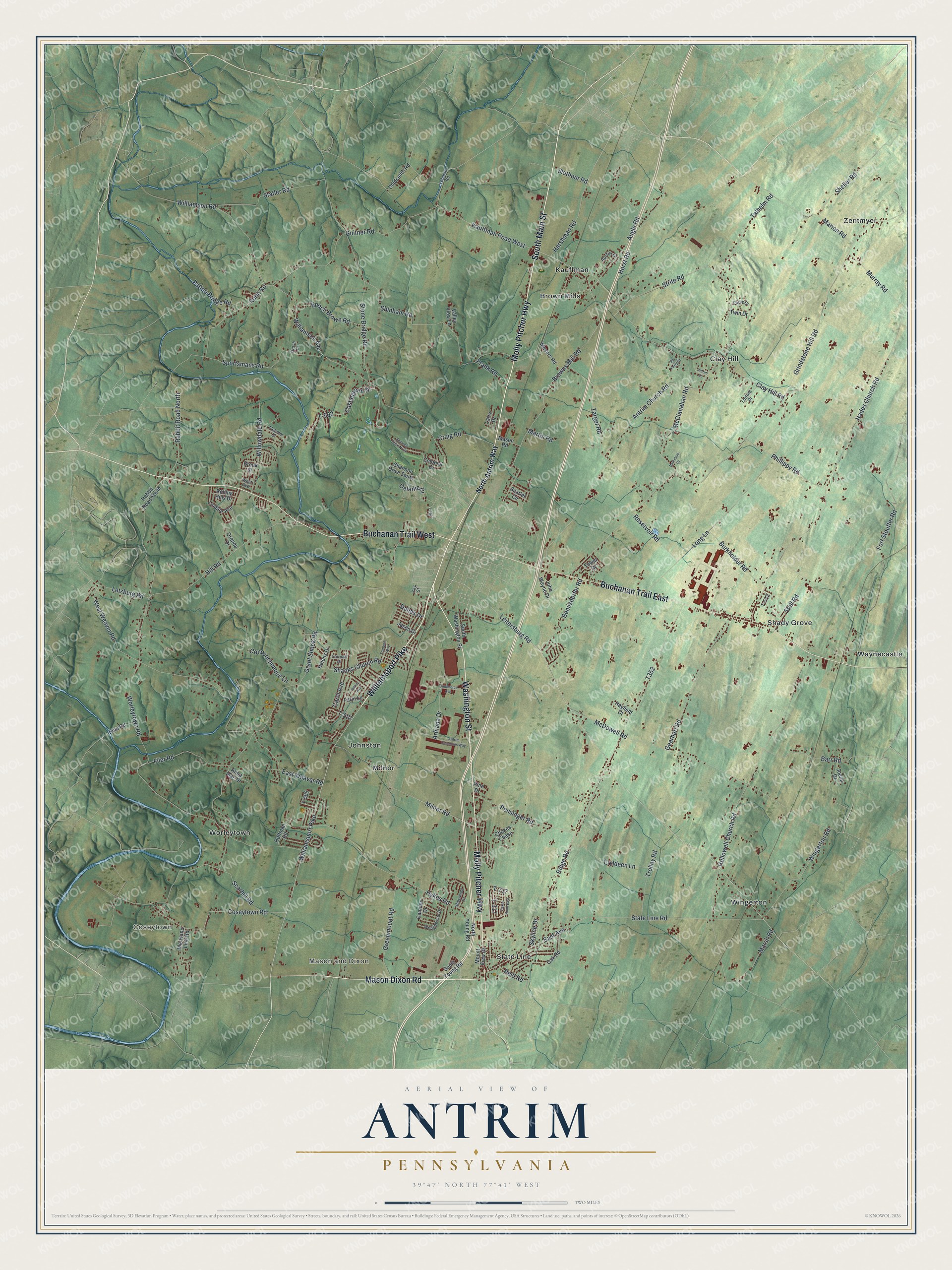 Full map of Antrim, Pennsylvania, with red buildings, printed street names and the land around them