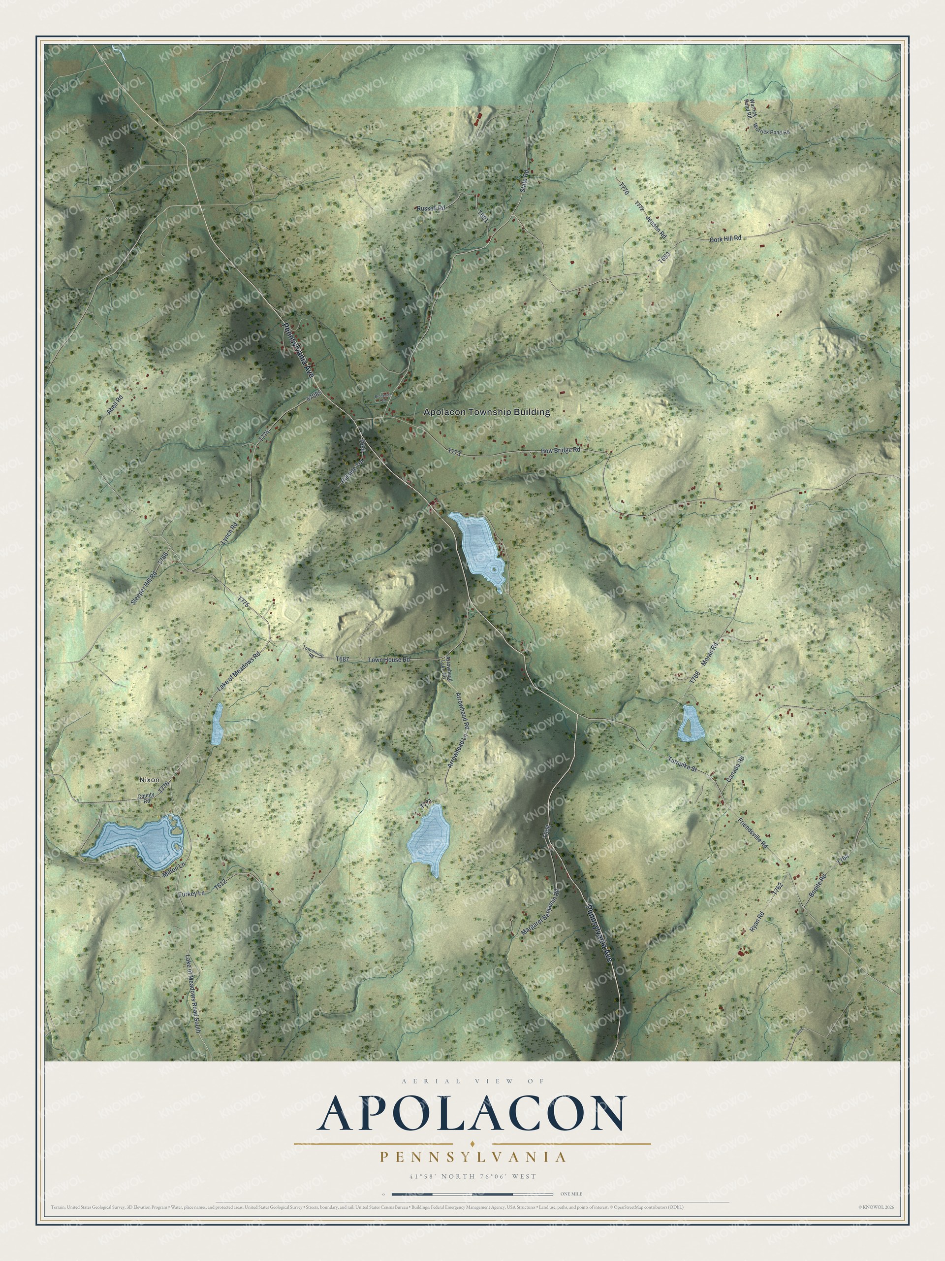 Full map of Apolacon, Pennsylvania, with red buildings, printed street names and the land around them