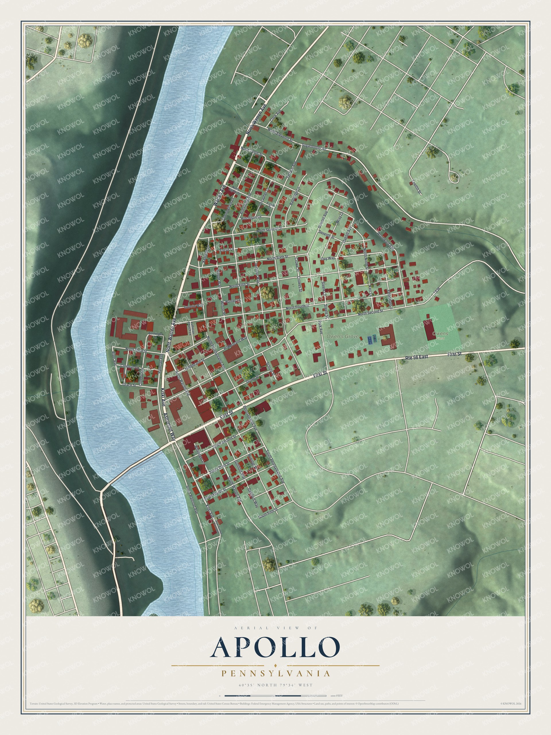 Full map of Apollo, Pennsylvania, with red buildings, printed street names and the land around them