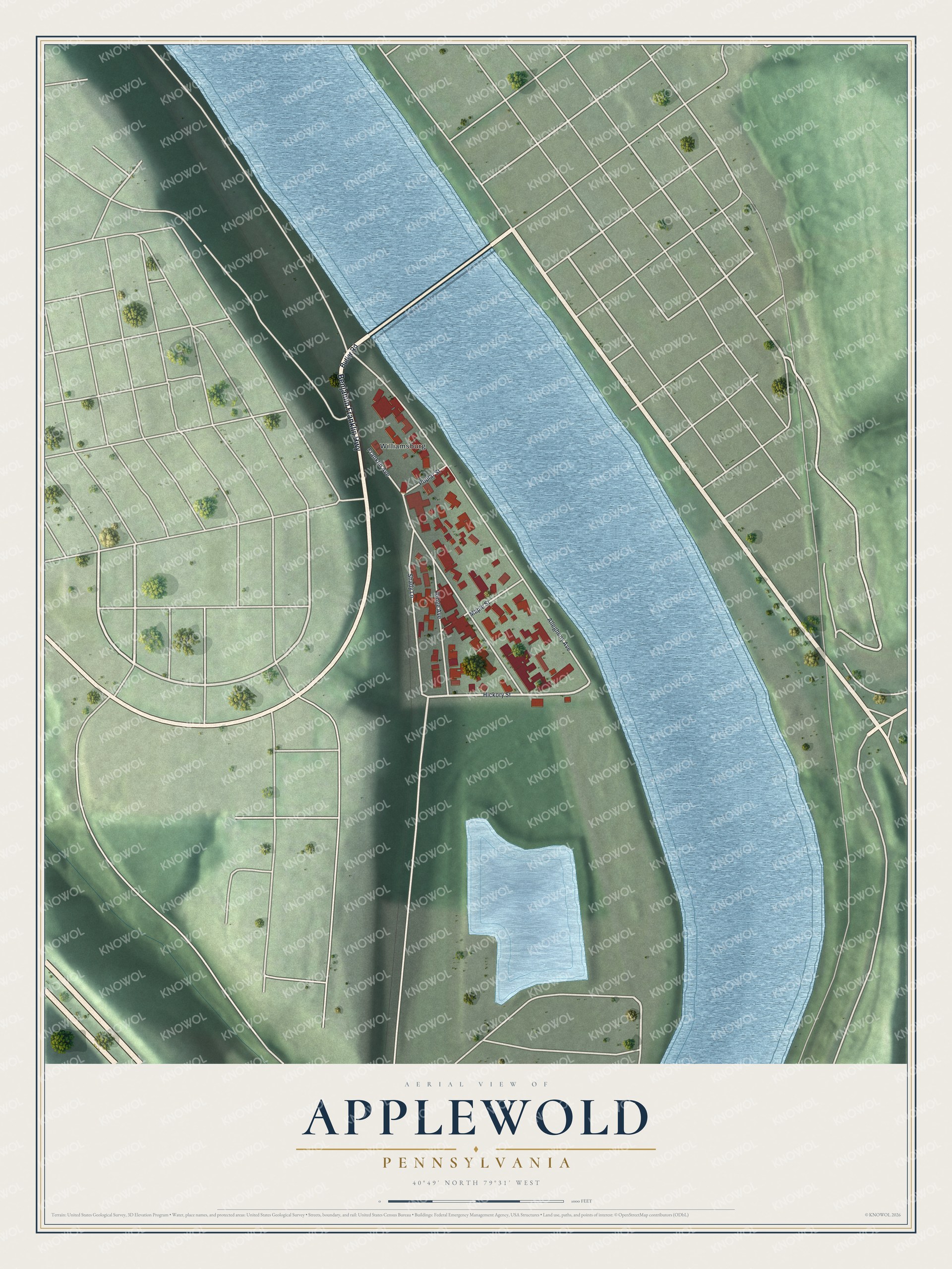 Full map of Applewold, Pennsylvania, with red buildings, printed street names and the land around them