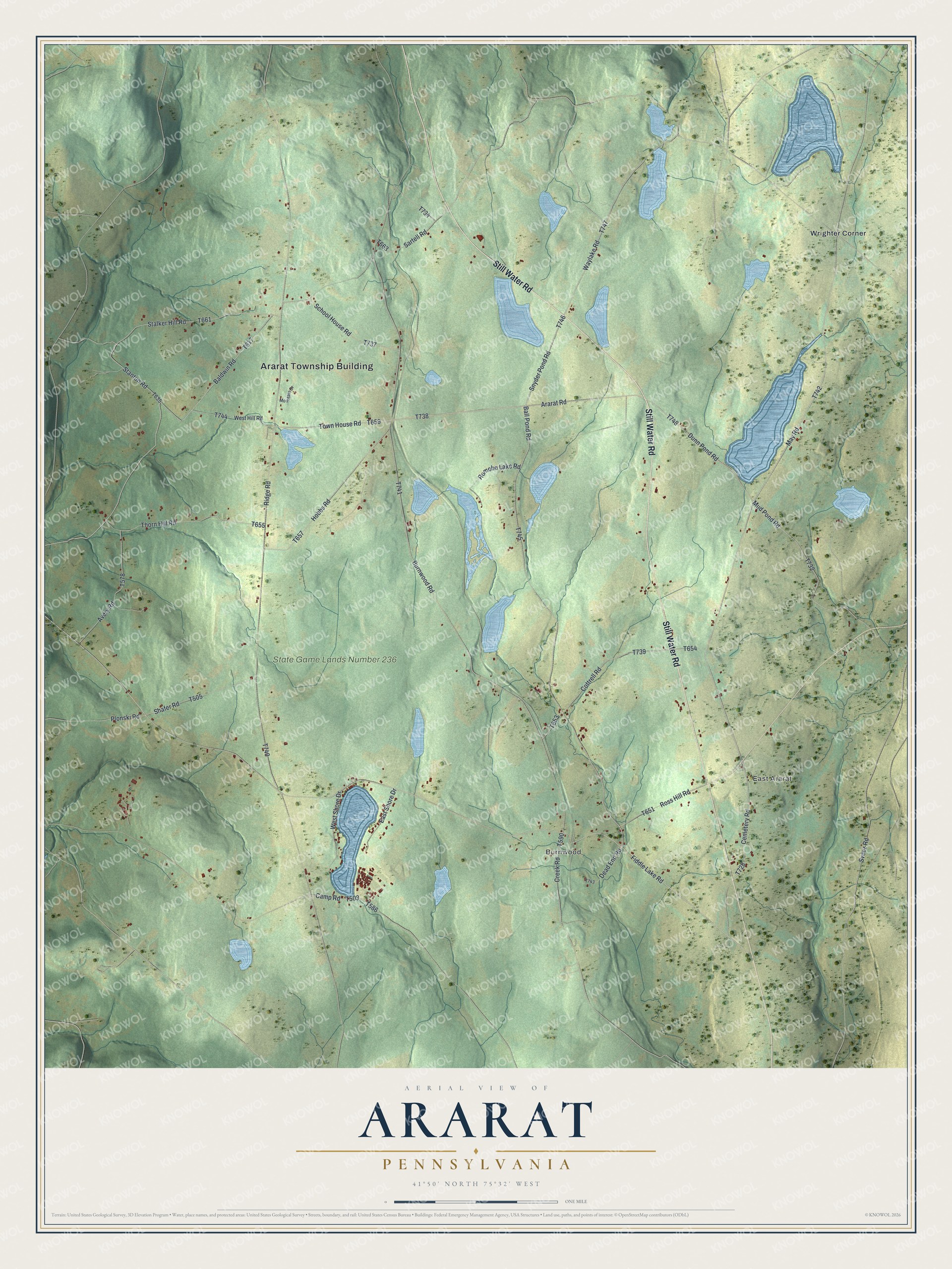 Full map of Ararat, Pennsylvania, with red buildings, printed street names and the land around them