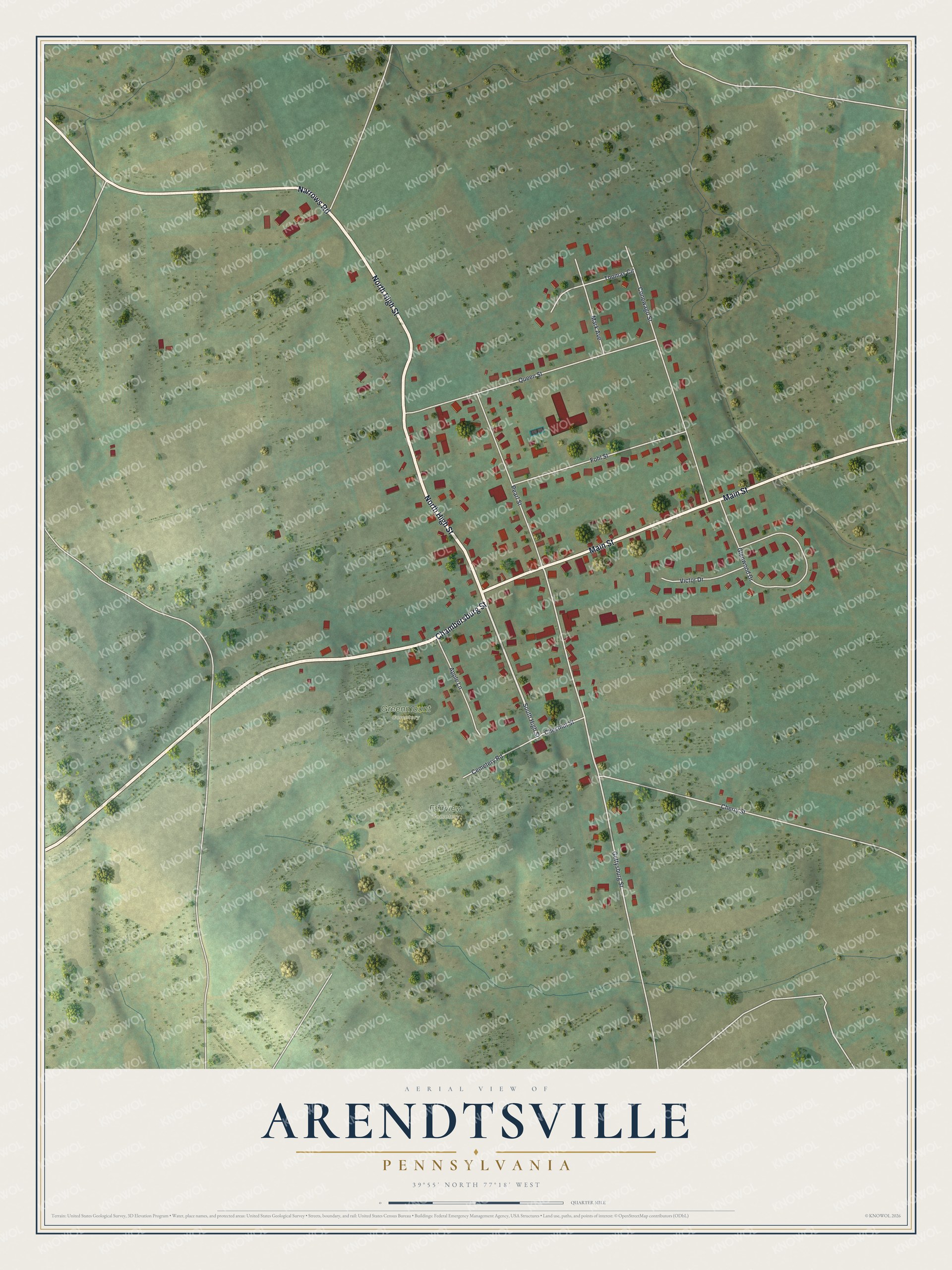 Full map of Arendtsville, Pennsylvania, with red buildings, printed street names and the land around them