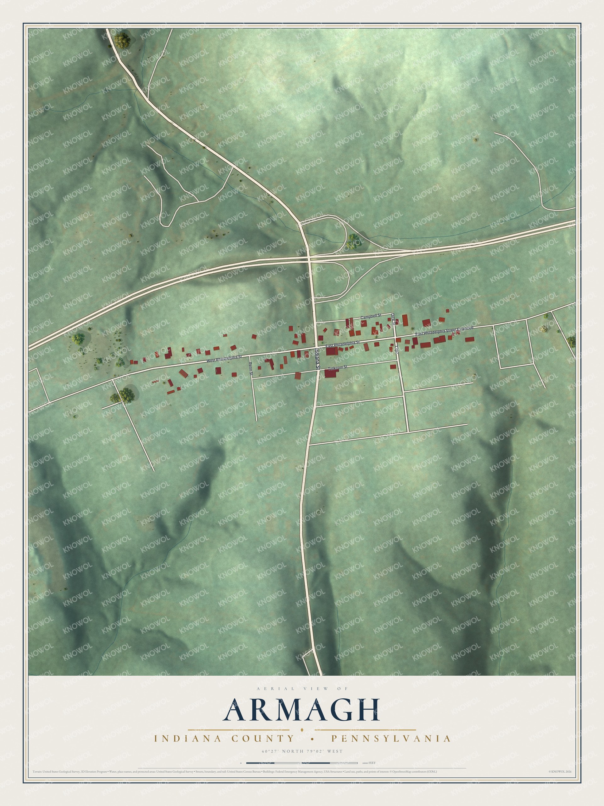Full map of Armagh, Indiana County, Pennsylvania, with red buildings, printed street names and the land around them