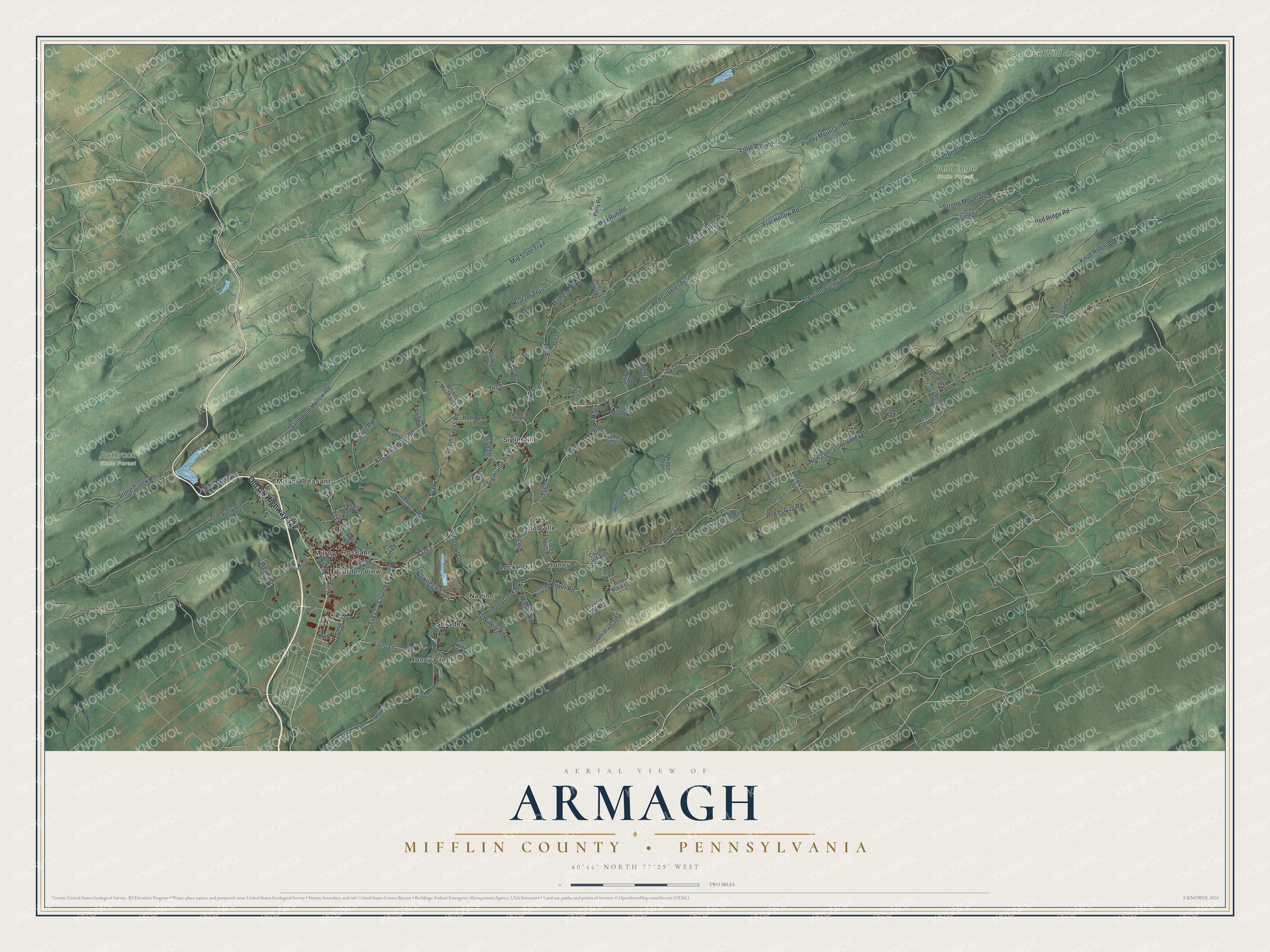 Full map of Armagh, Mifflin County, Pennsylvania, with red buildings, printed street names and the land around them