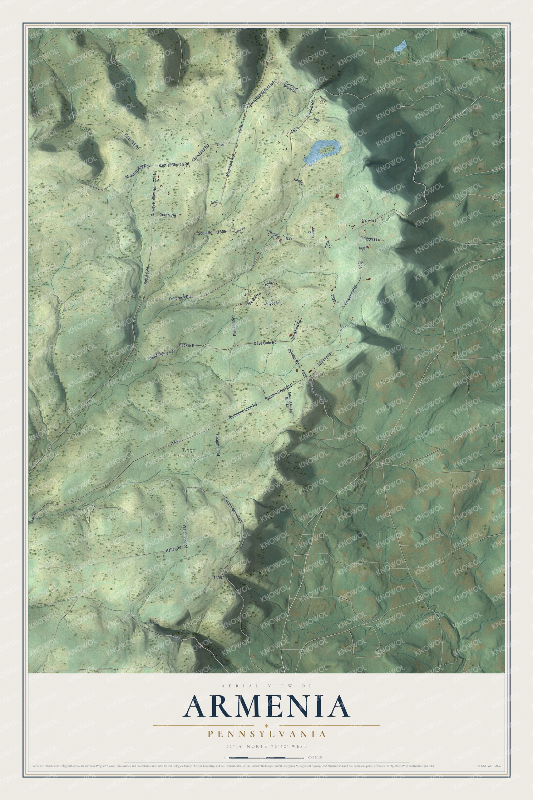 Full map of Armenia, Pennsylvania, with red buildings, printed street names and the land around them