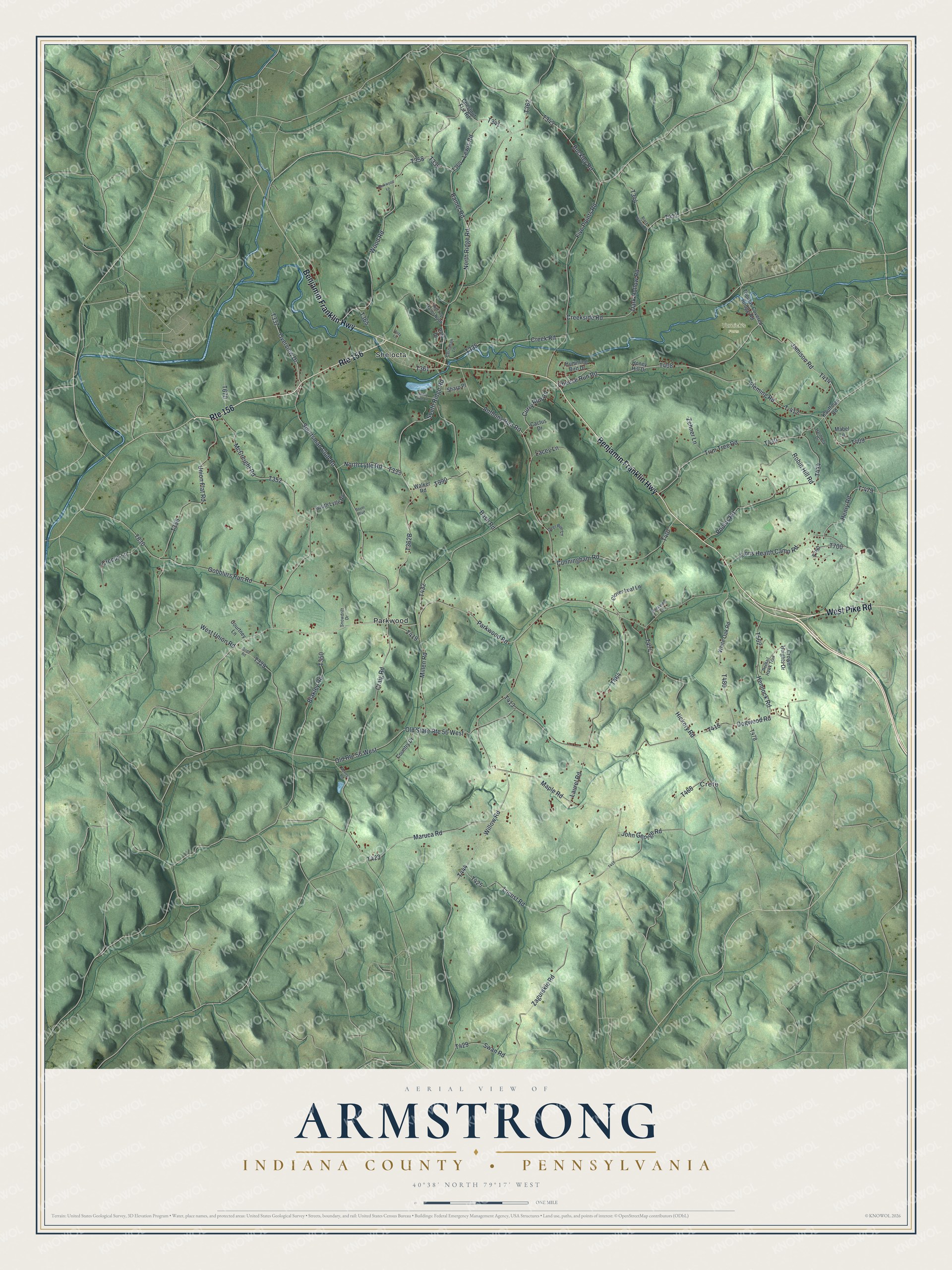 Full map of Armstrong, Indiana County, Pennsylvania, with red buildings, printed street names and the land around them
