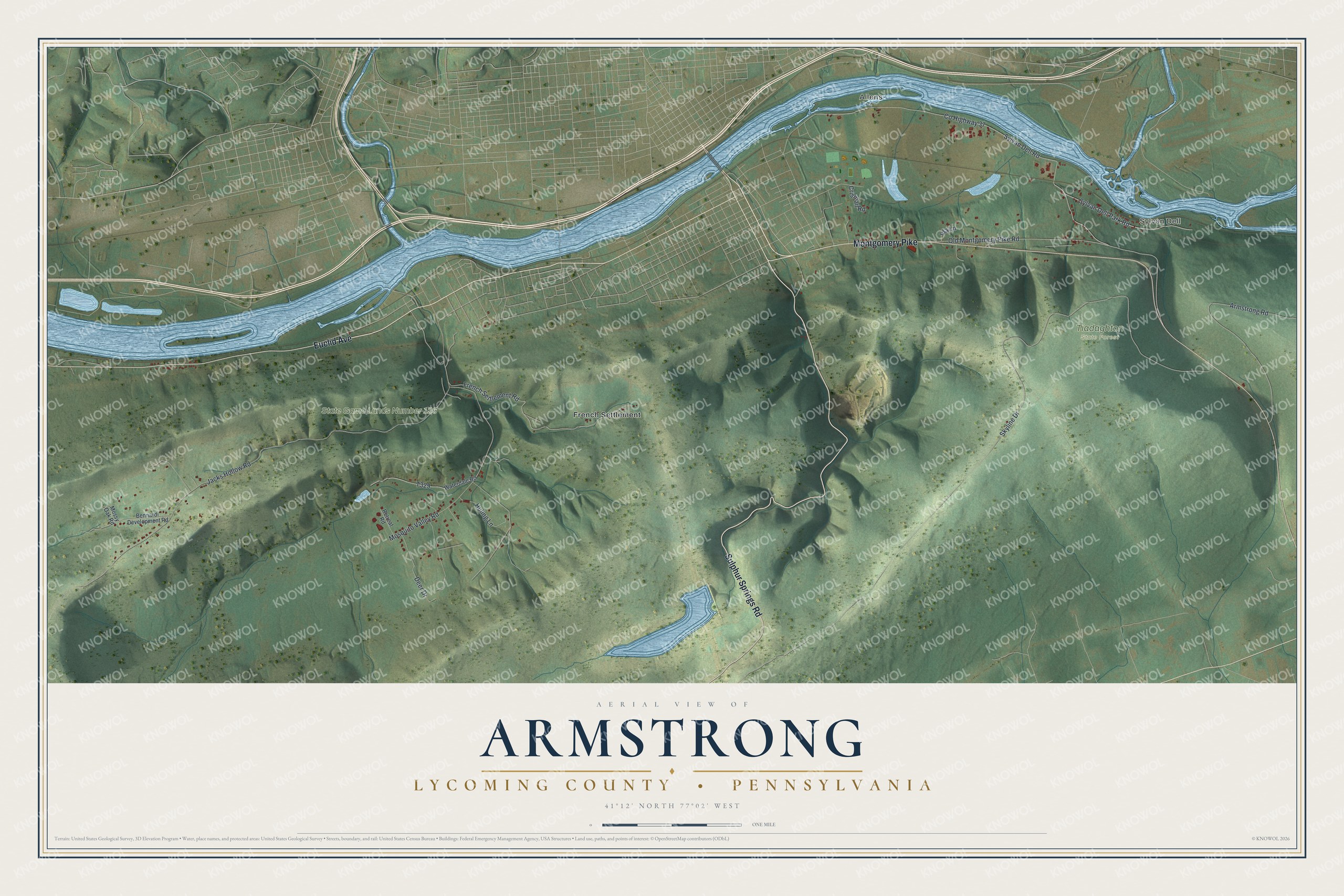 Aerial-style map of Armstrong, Lycoming County, Pennsylvania, with a blue river across the top and green wooded ridges below