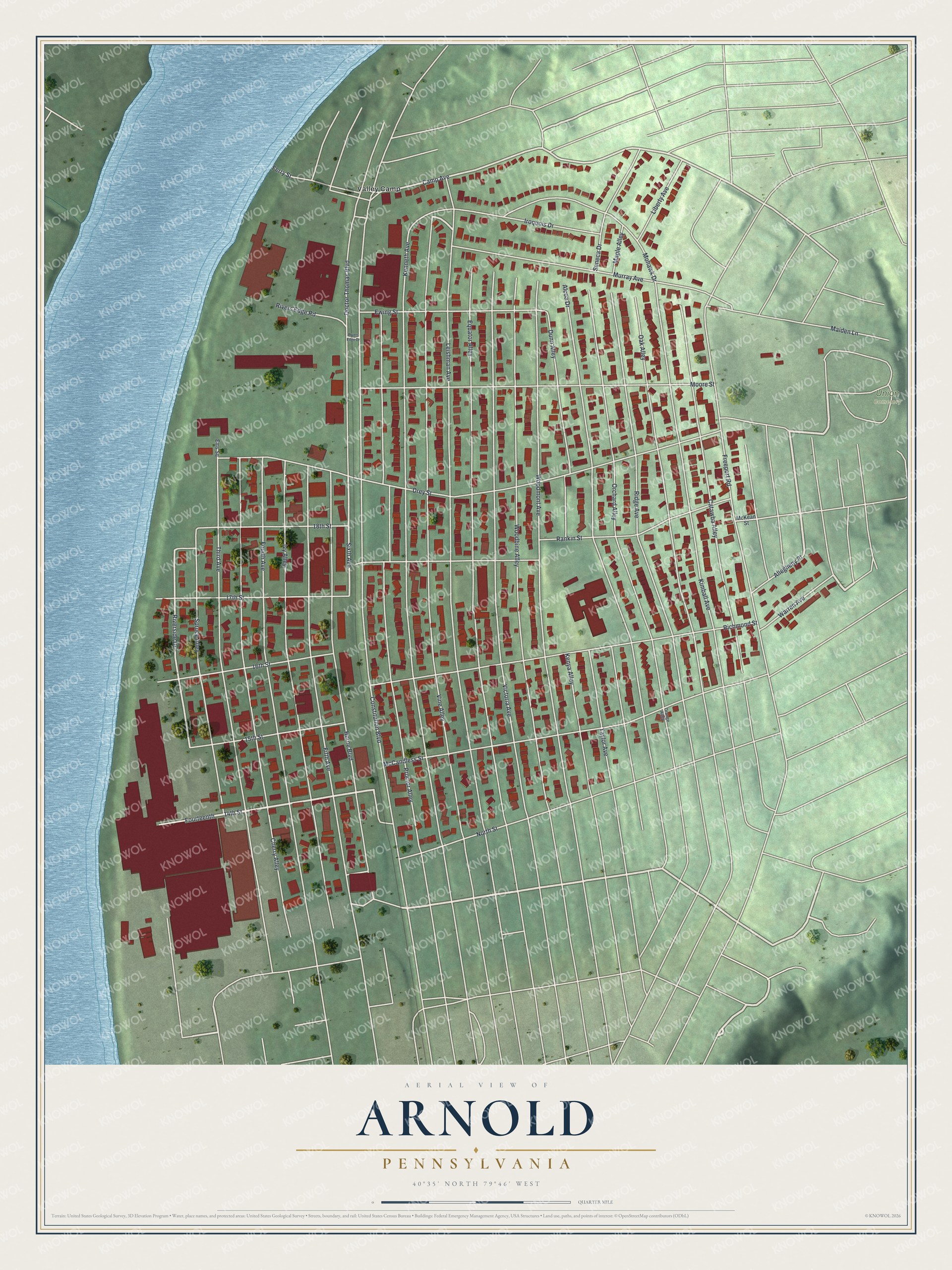 Full map of Arnold, Pennsylvania, with red buildings, printed street names and the land around them