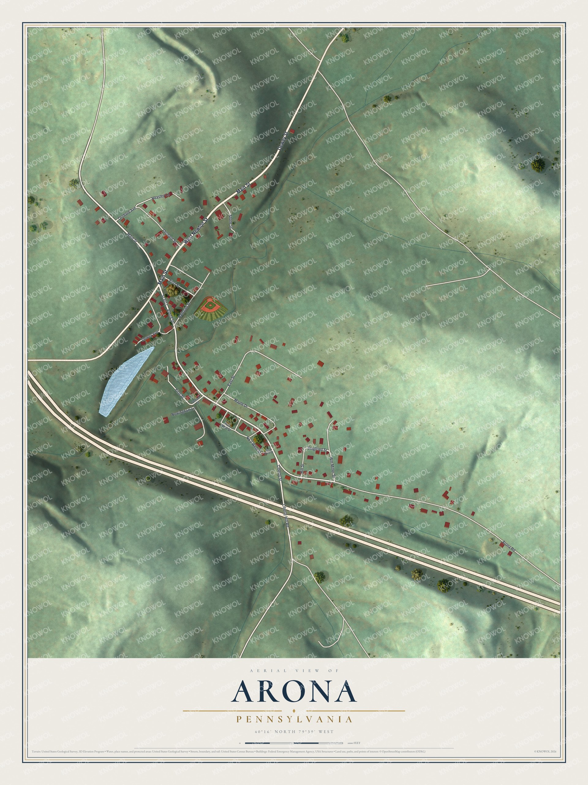 Full map of Arona, Pennsylvania, with red buildings, printed street names and the land around them