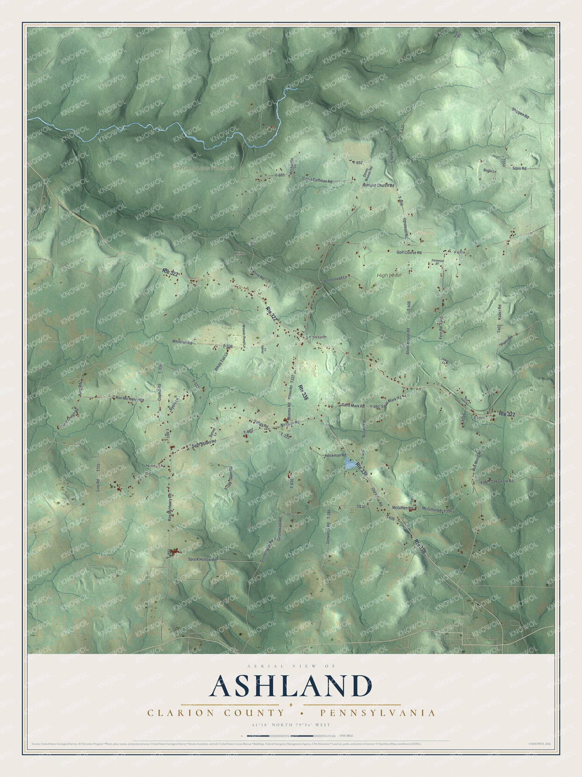 Full map of Ashland, Clarion County, Pennsylvania, with red buildings, printed street names and the land around them