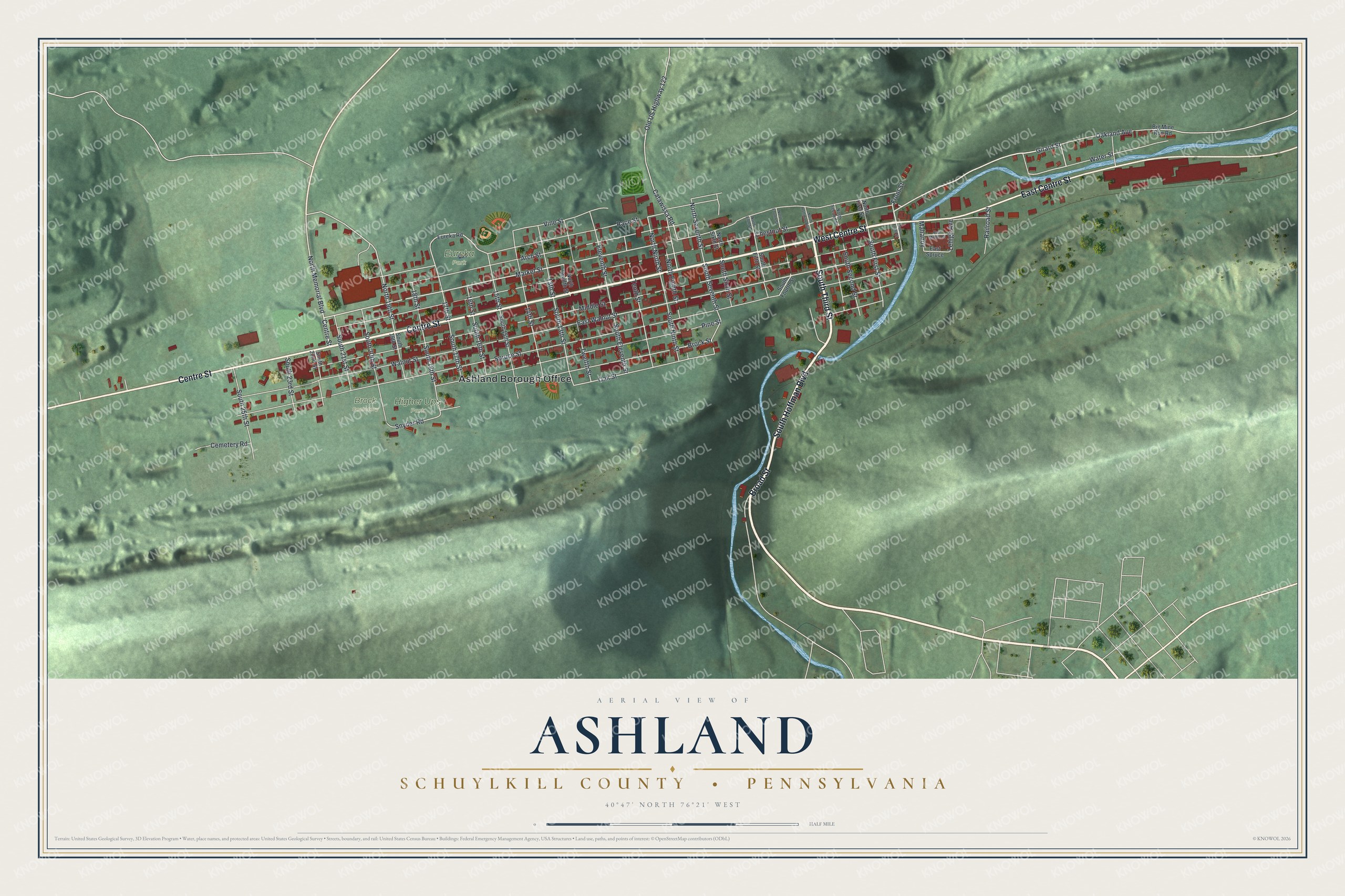 Full map of Ashland, Columbia County, Pennsylvania, with red buildings, printed street names and the land around them