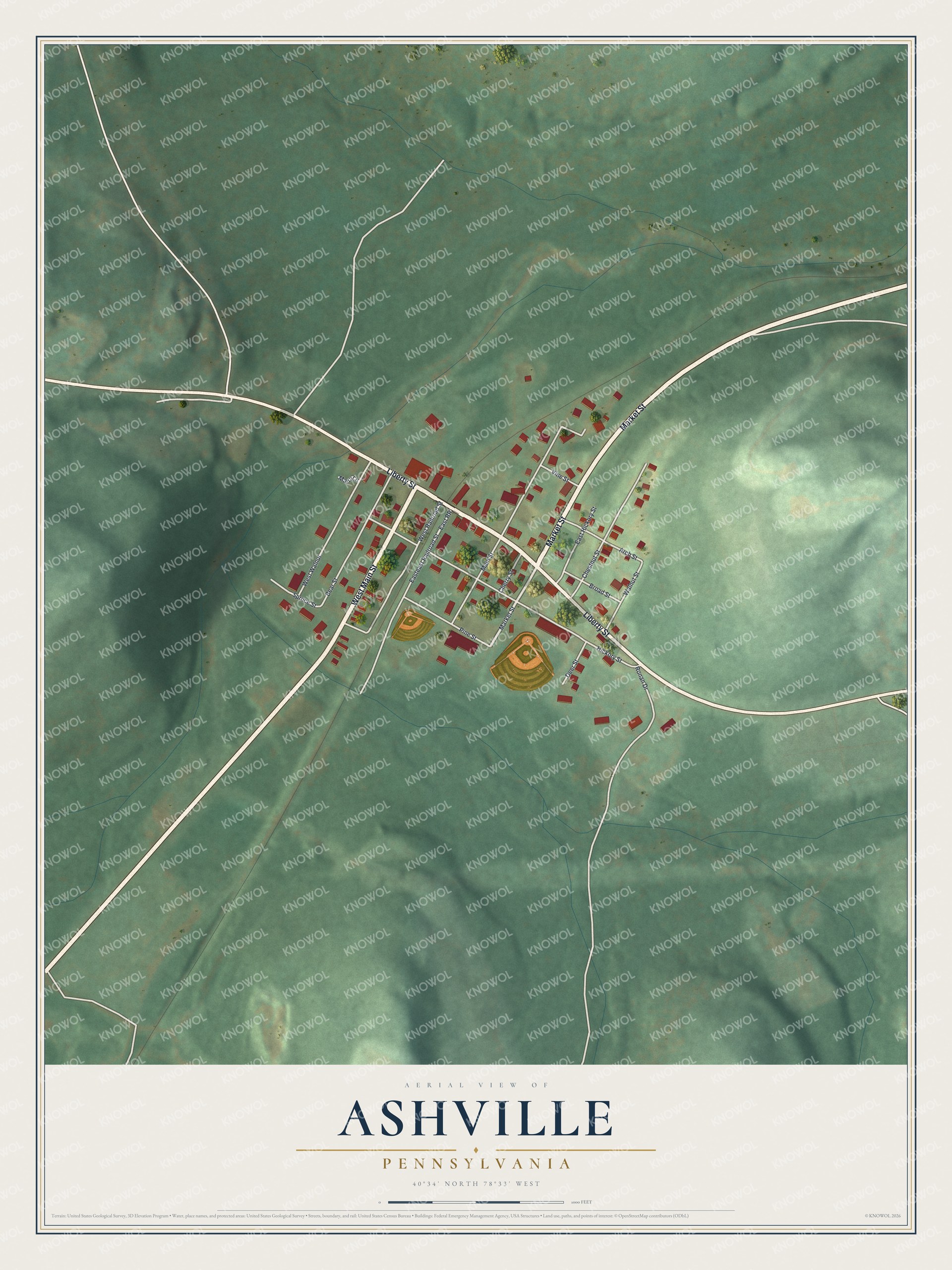 Full map of Ashville, Pennsylvania, with red buildings, printed street names and the land around them