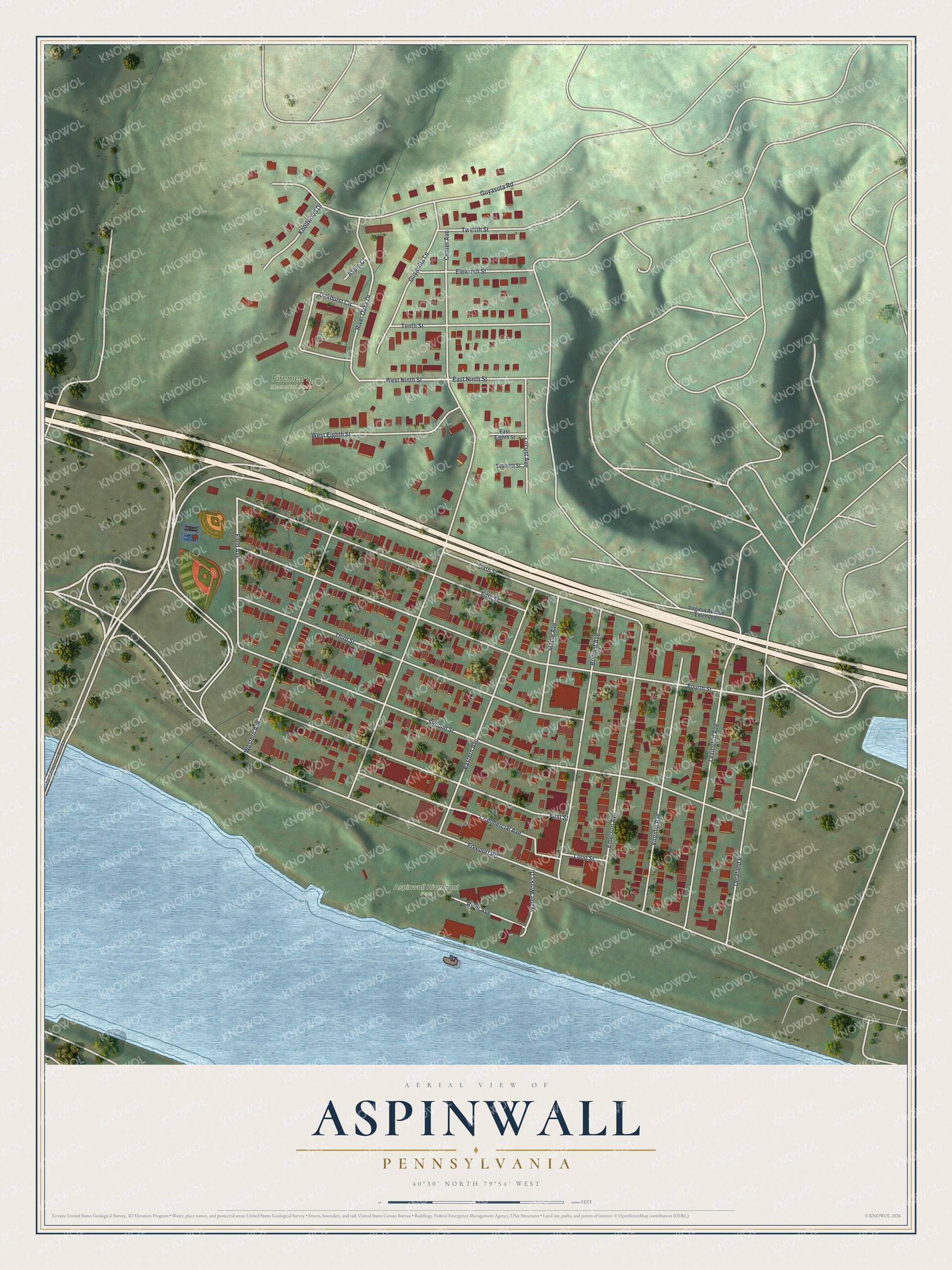 Full map of Aspinwall, Pennsylvania, with red buildings, printed street names and the land around them