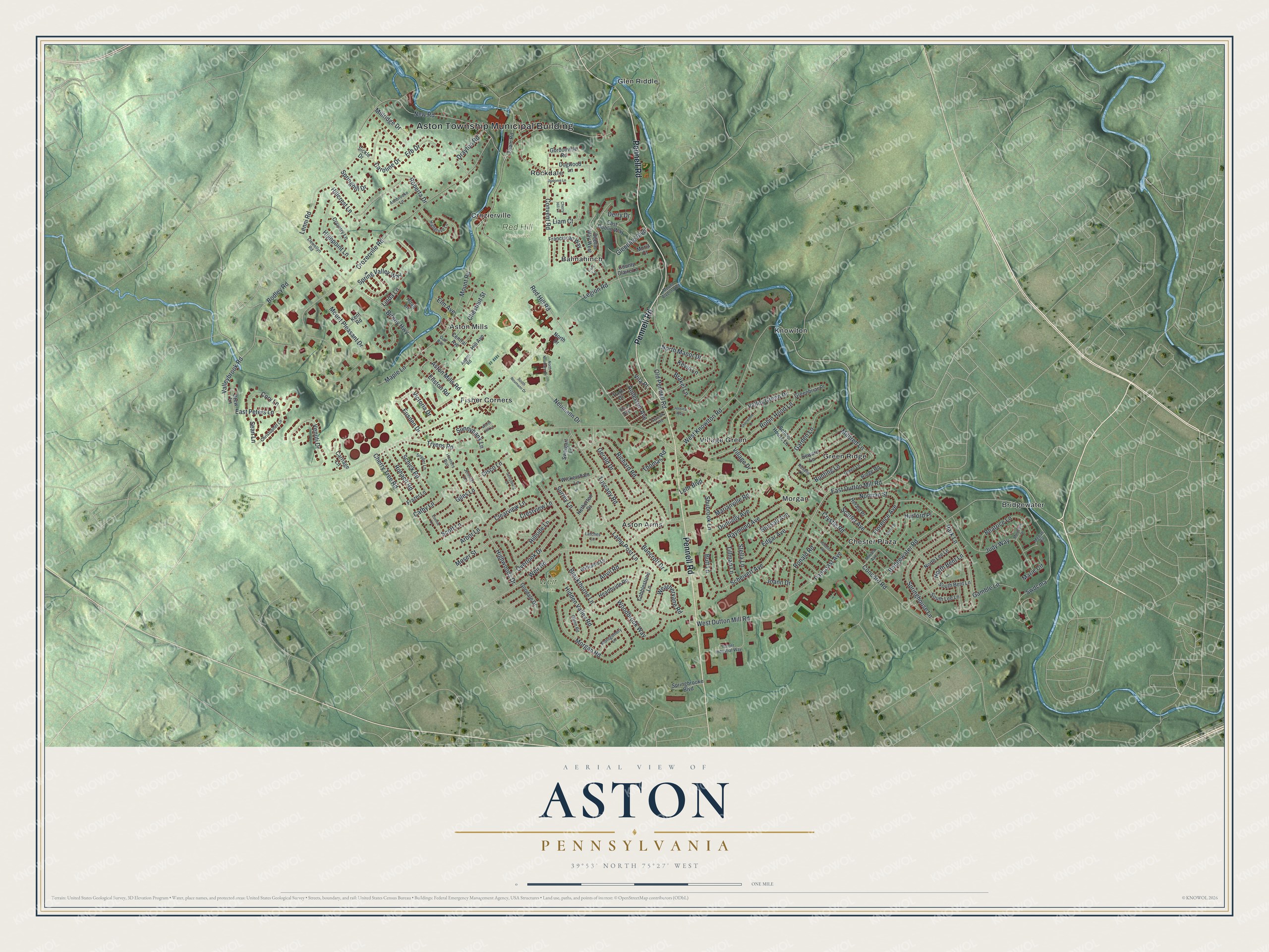 Full map of Aston, Pennsylvania, with red buildings, printed street names and the land around them