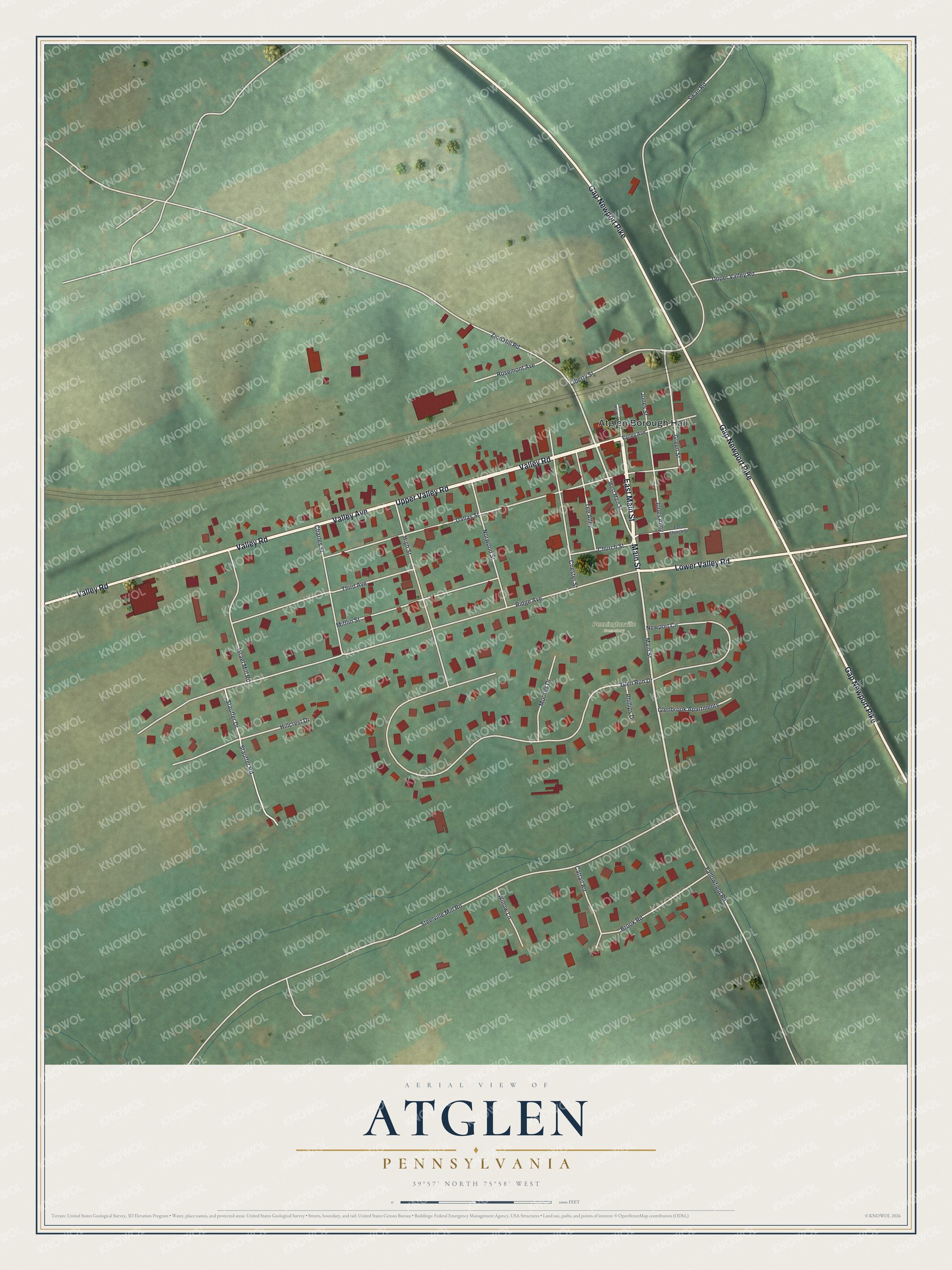 Full map of Atglen, Pennsylvania, with red buildings, printed street names and the land around them