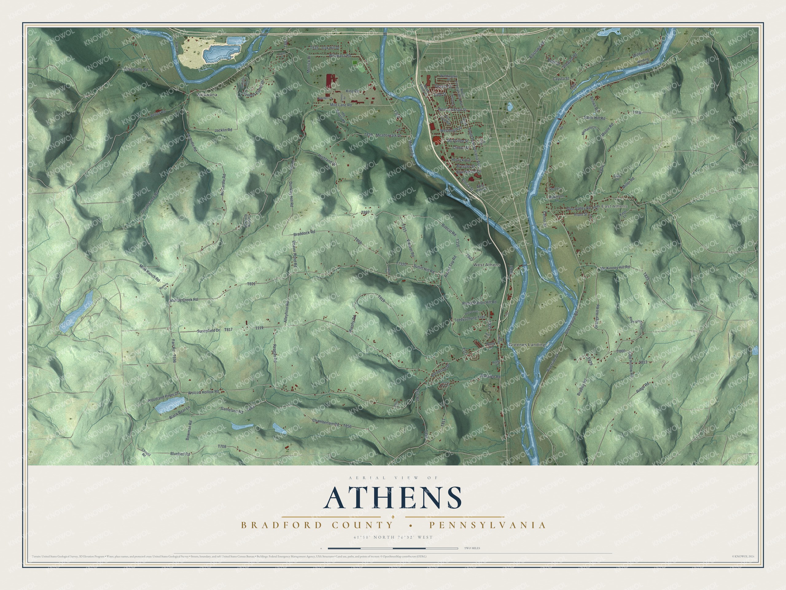 Full map of Athens Township, Bradford County, Pennsylvania, with red buildings, printed street names and the land around them