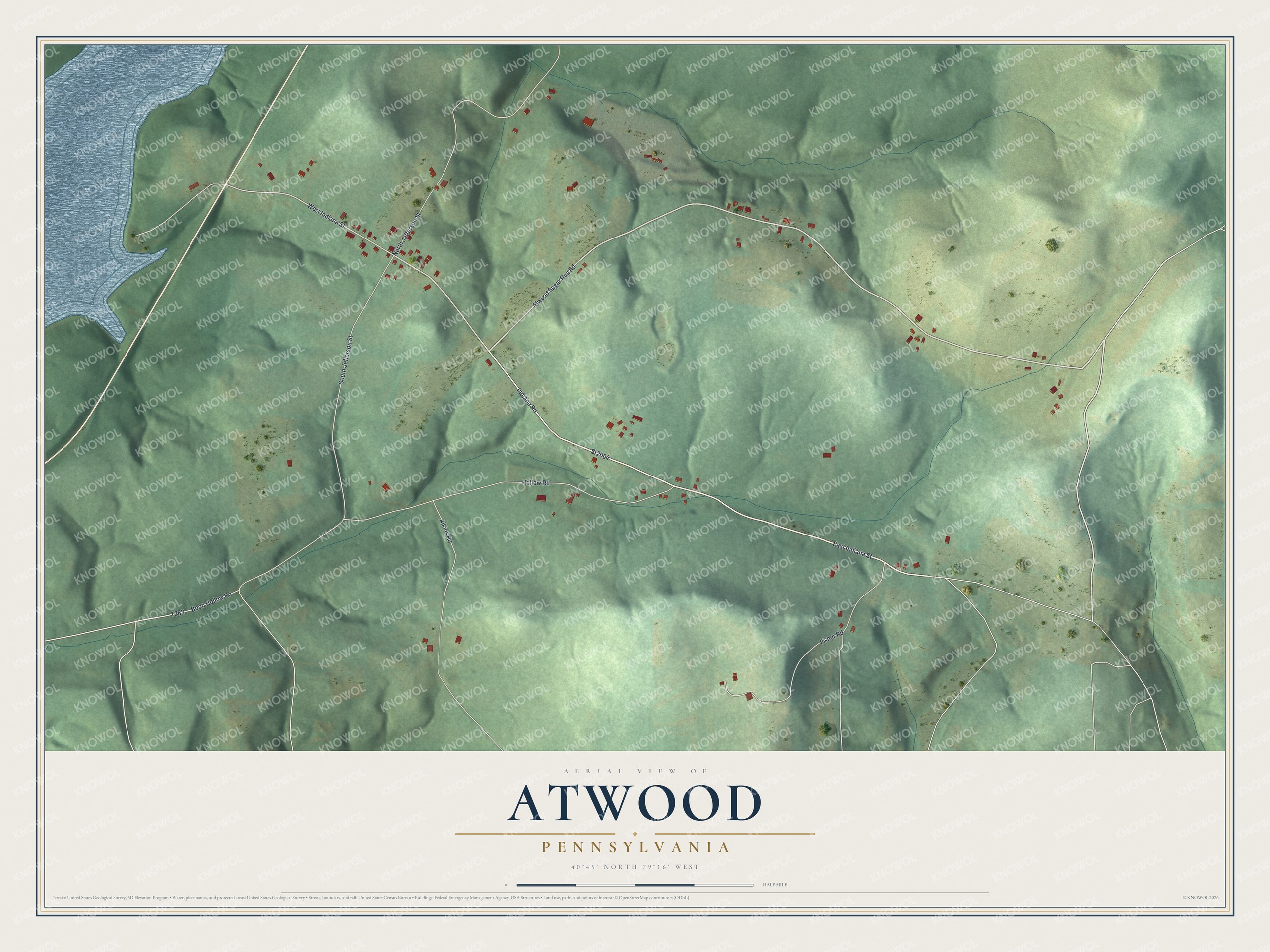 Full map of Atwood, Pennsylvania, with red buildings, printed street names and the land around them
