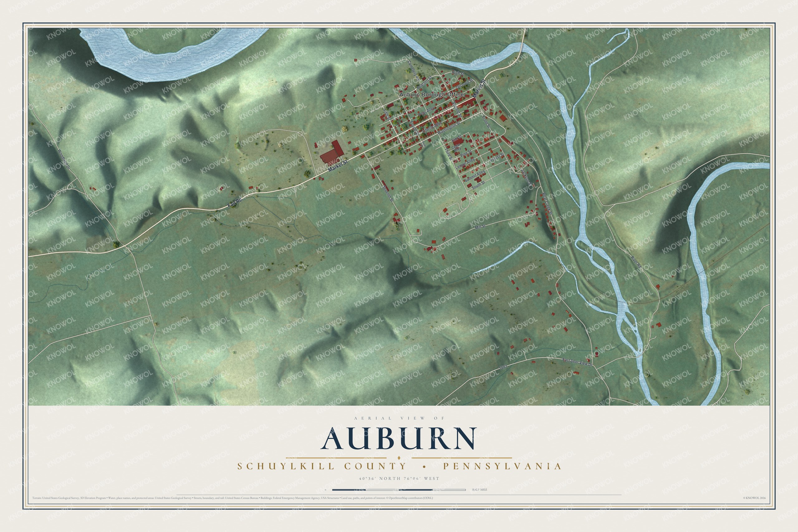 Full map of Auburn, Schuylkill County, Pennsylvania, with red buildings, printed street names and the land around them