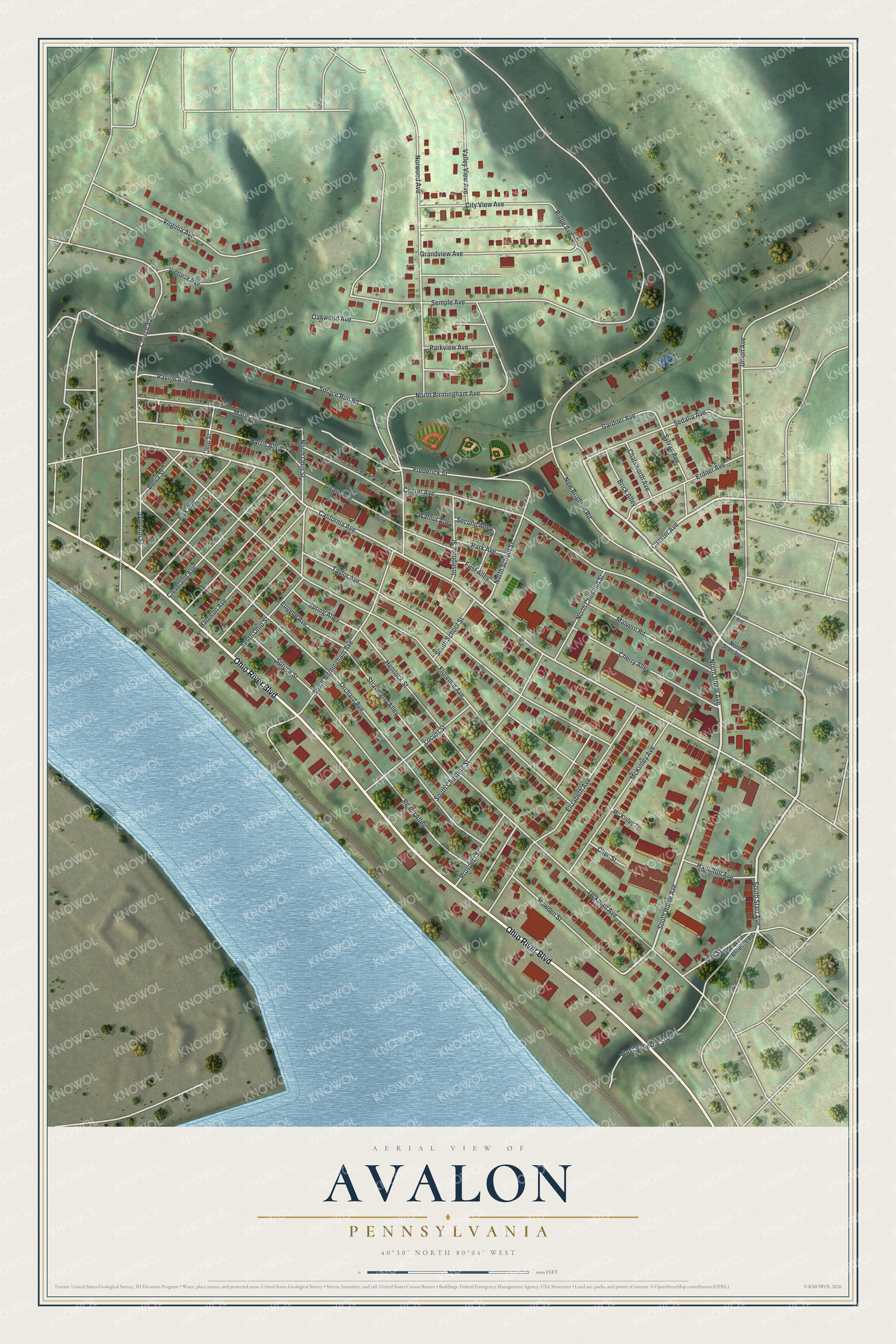 Full map of Avalon, Pennsylvania, with red buildings, printed street names and the land around them