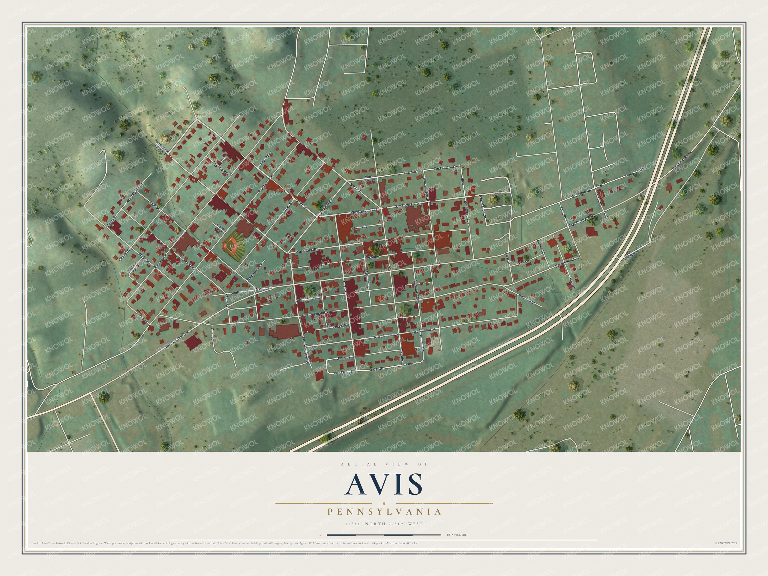 Full map of Avis, Pennsylvania, with red buildings, printed street names and the land around them