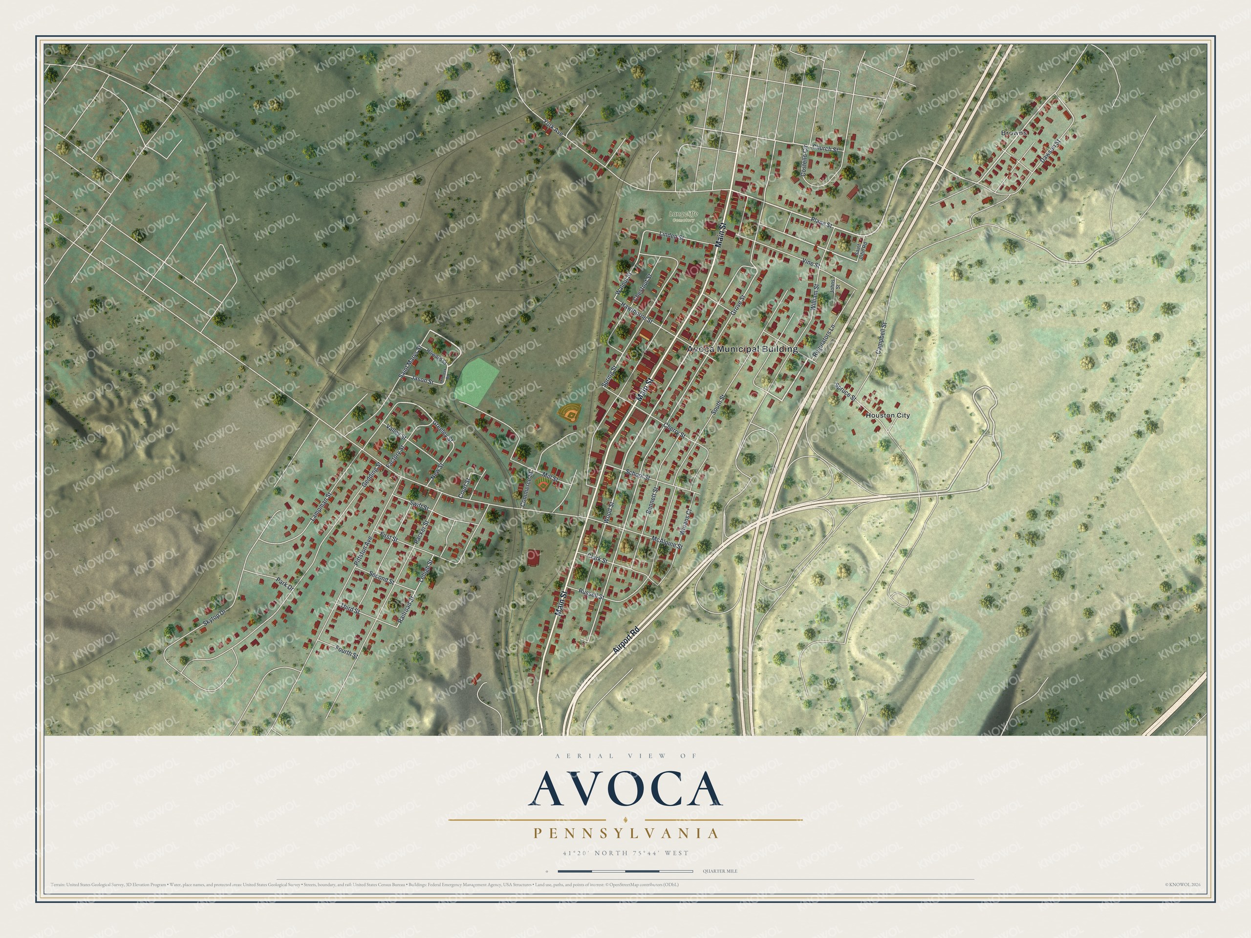 Full map of Avoca, Pennsylvania, with red buildings, printed street names and the land around them