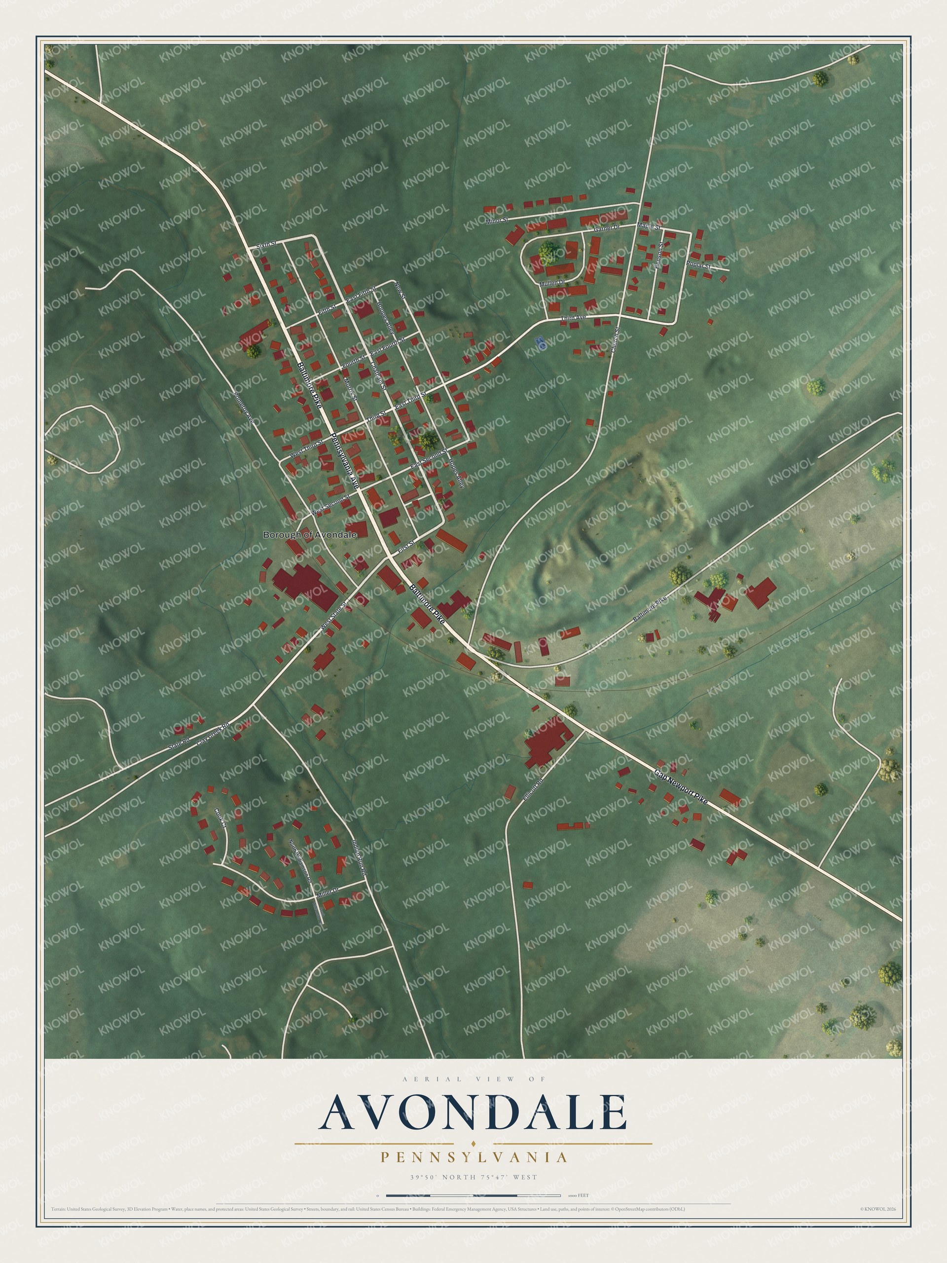 Full map of Avondale, Pennsylvania, with red buildings, printed street names and the land around them