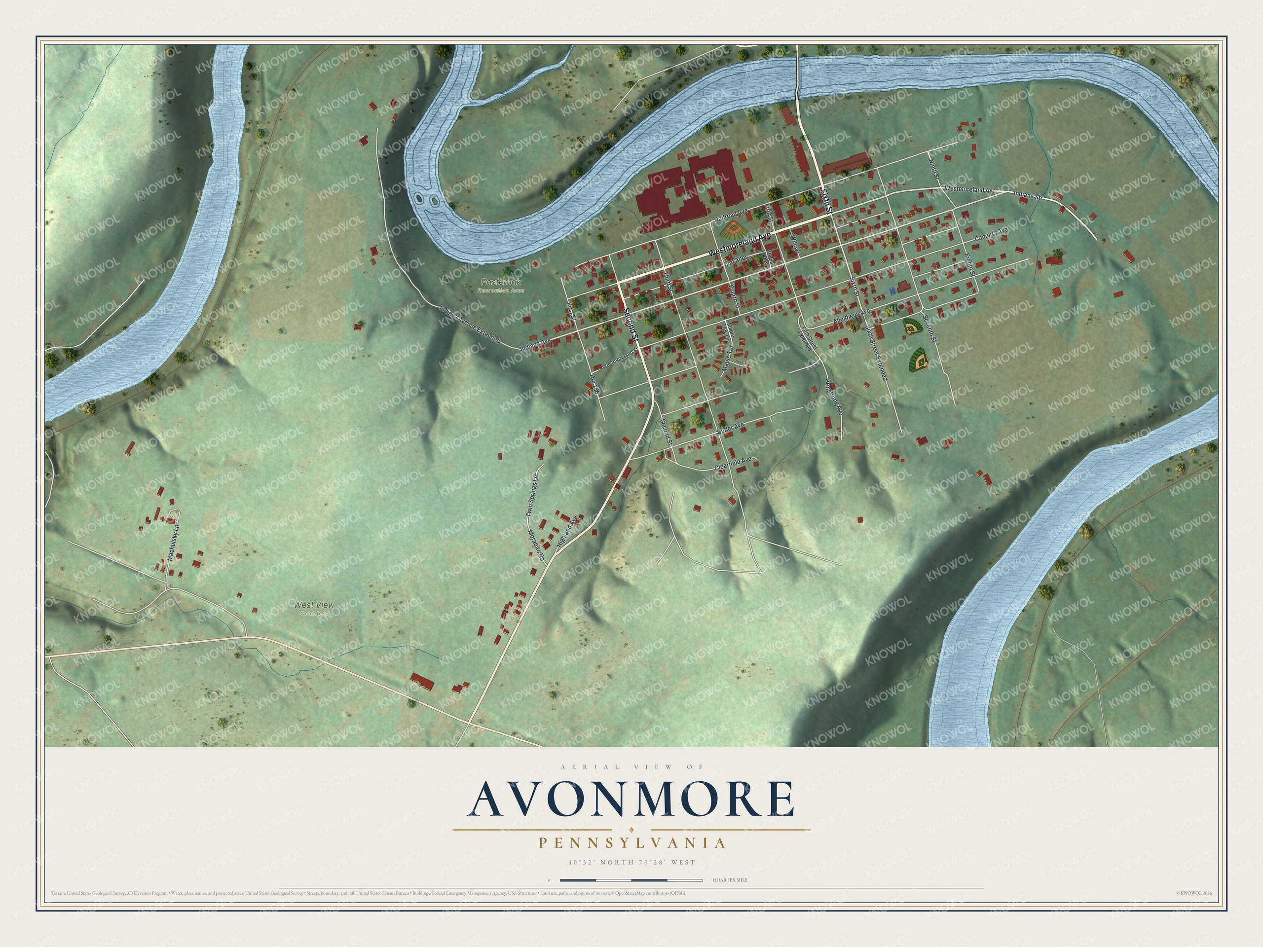 Full map of Avonmore, Pennsylvania, with red buildings, printed street names and the land around them