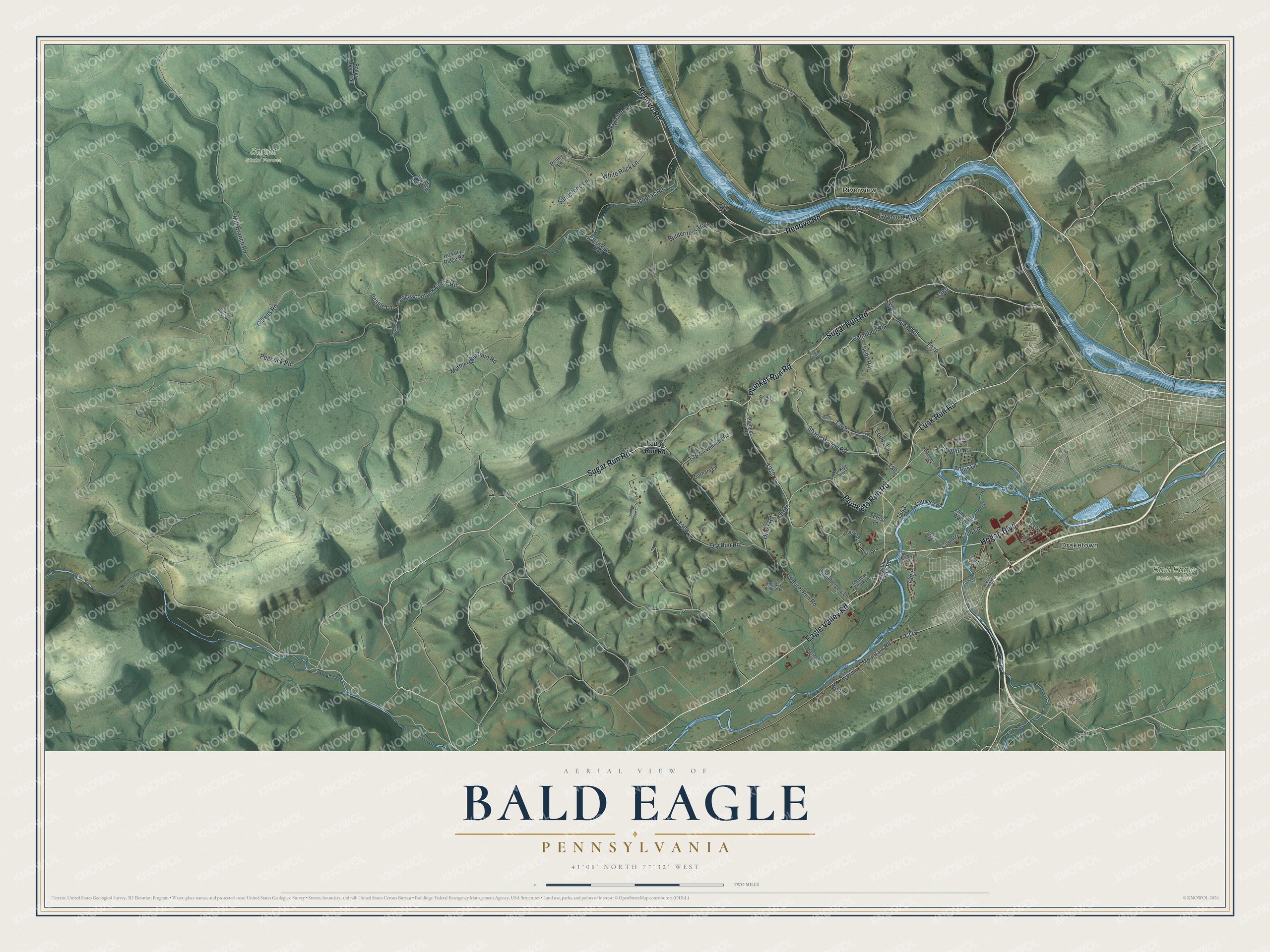 Full map of Bald Eagle, Pennsylvania, with red buildings, printed street names and the land around them